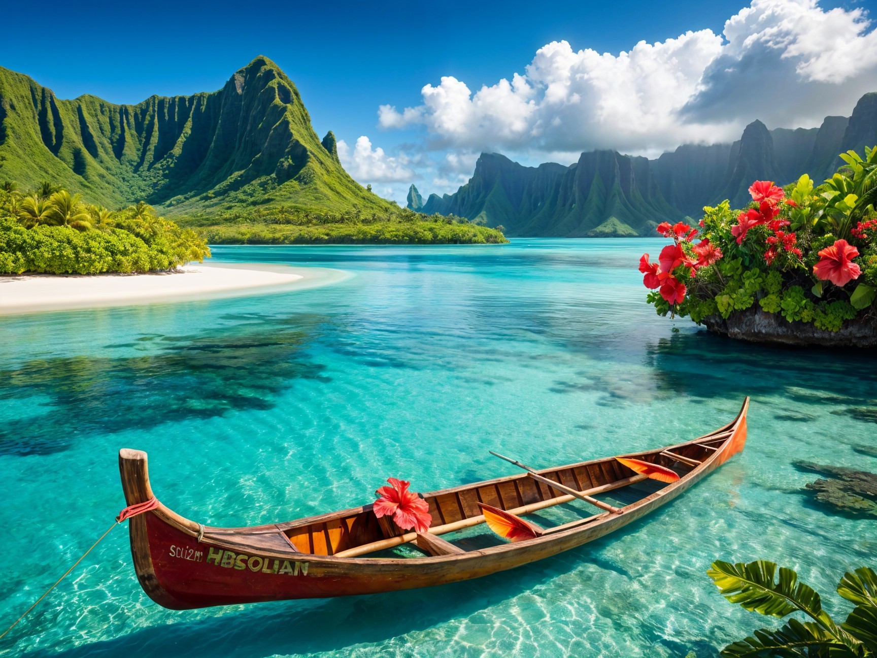 Tropical Lagoon with Mountains and Colorful Boat