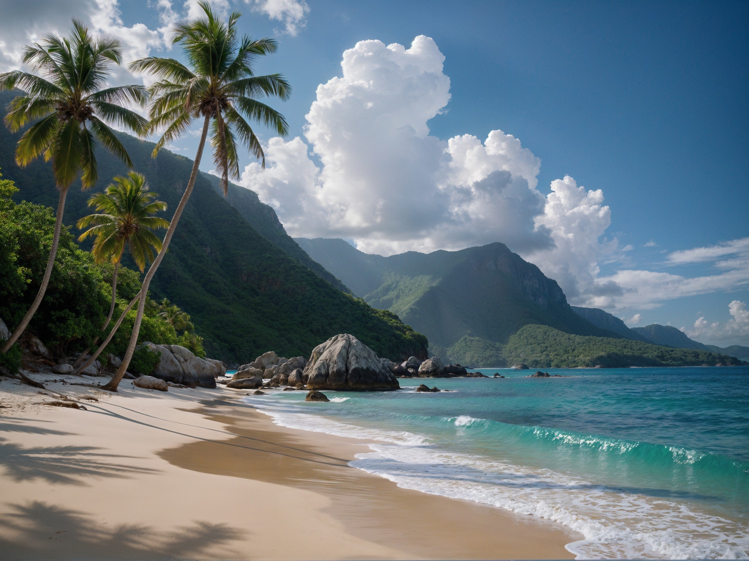 Tropical Beach Scene with Golden Sand and Mountains