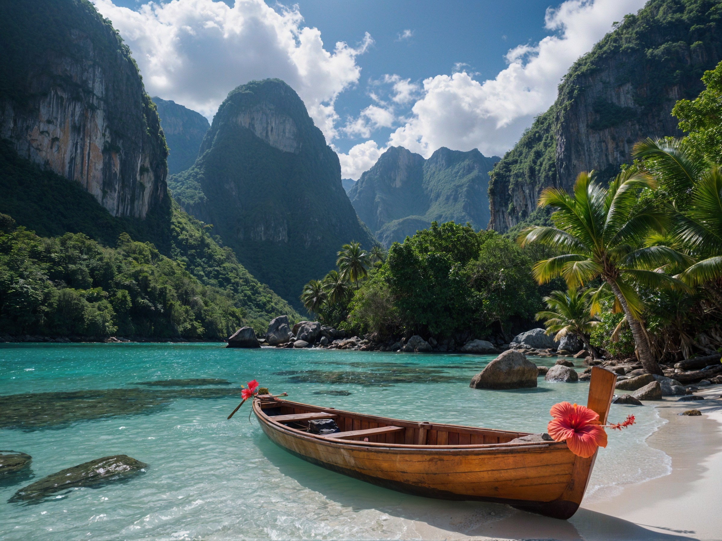 Tropical Landscape with Boat and Hibiscus Flowers