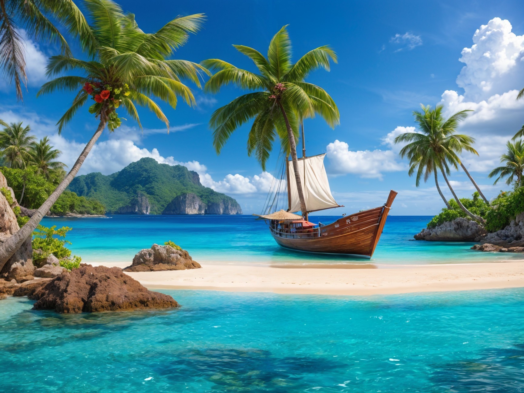 Tropical Beach with Anchored Sailing Boat and Palm Trees