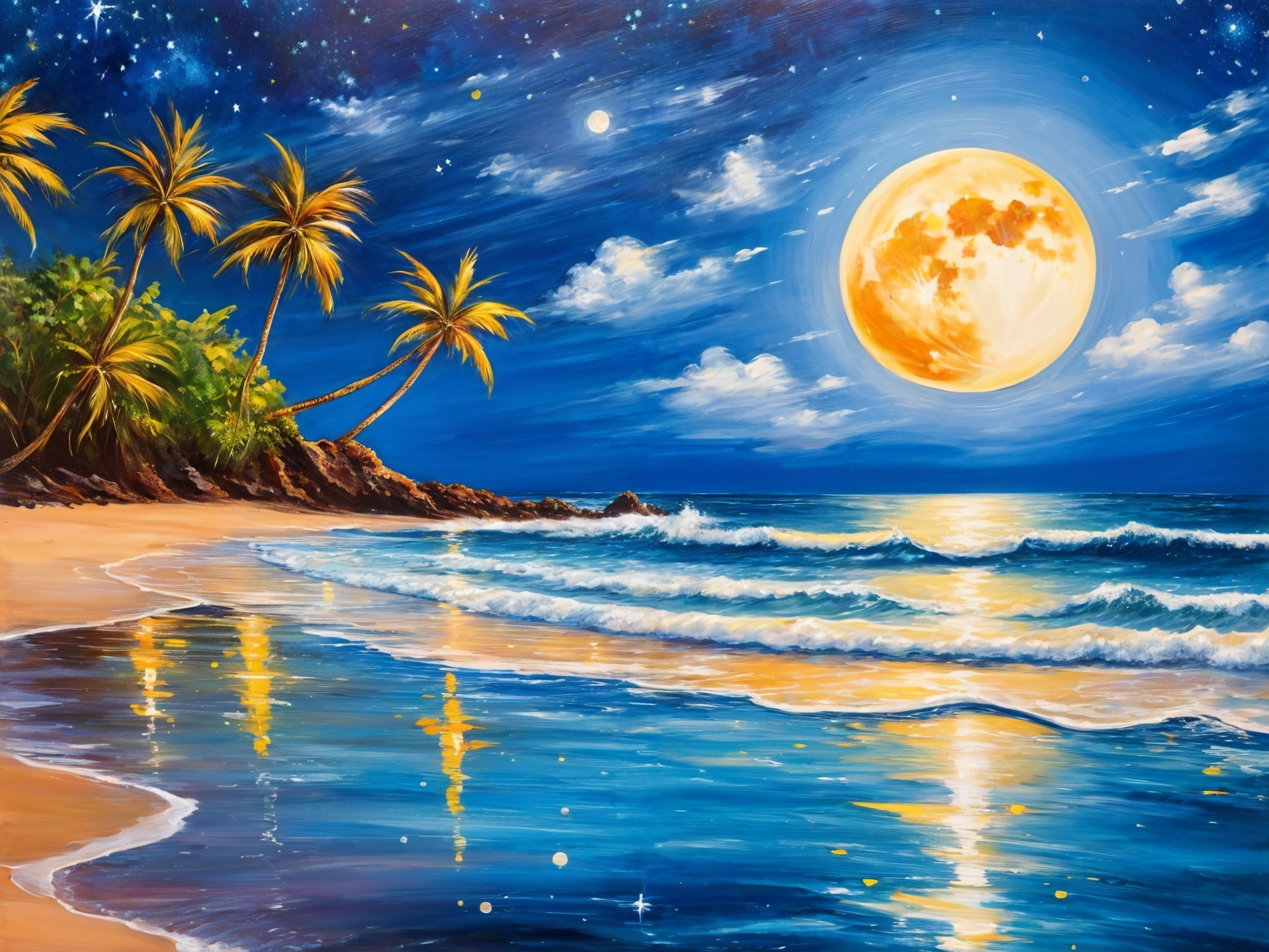 Night Beach Scene with Full Moon and Palm Trees