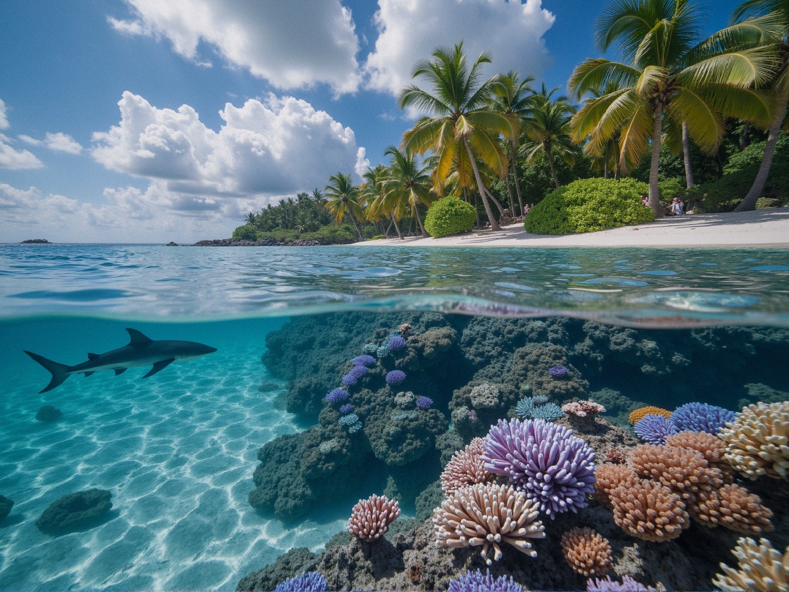 Tropical Beach with Coral Reefs and Marine Life