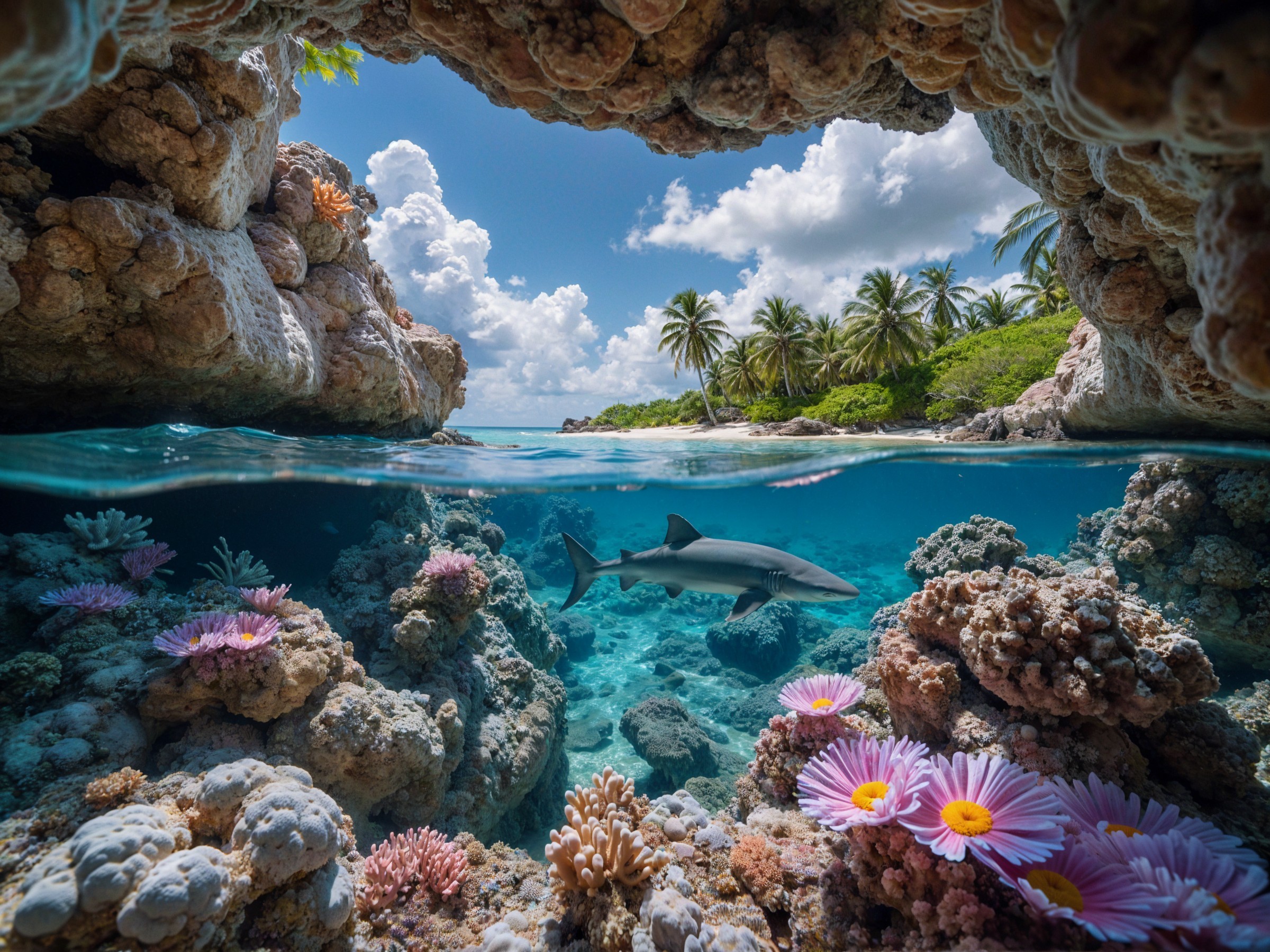 Underwater Coral Scene with Fish and Shark