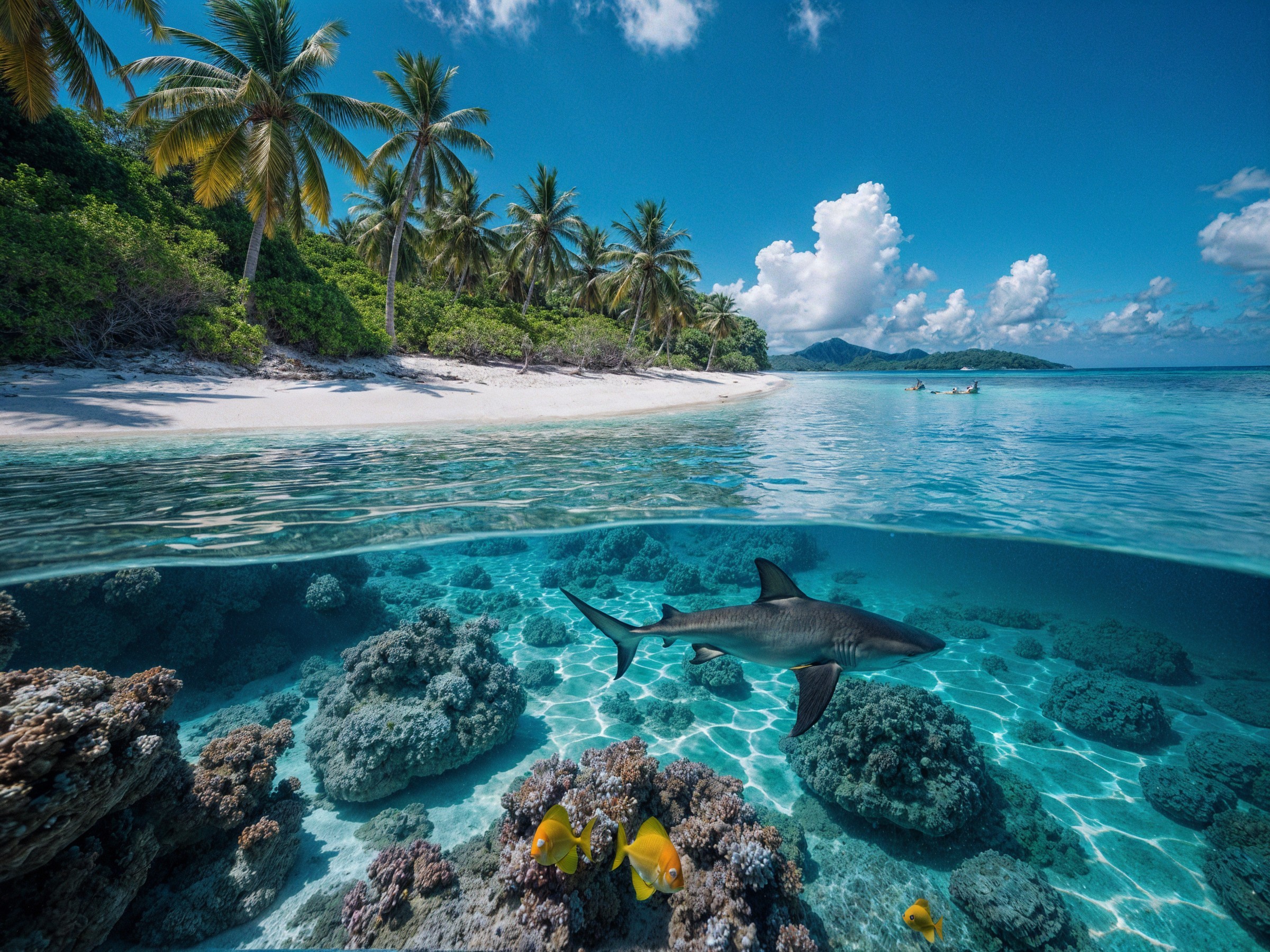 Tropical Beach Scene with Shark and Coral Life