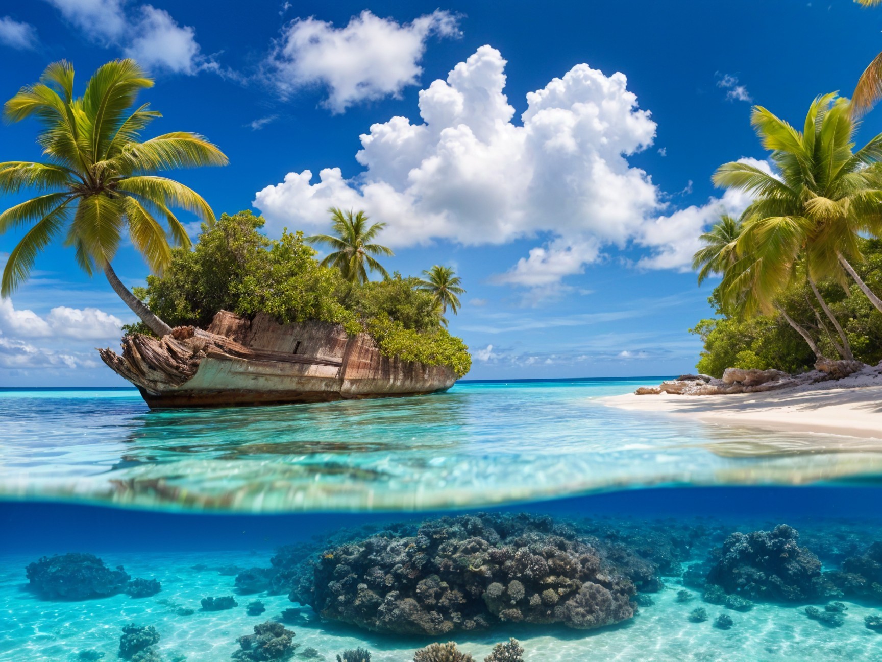 Tropical Beach Scene with Shipwreck and Coral Reef