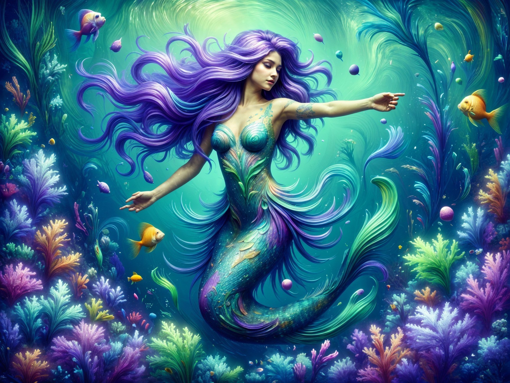 Underwater Scene with Mermaid and Coral Reefs