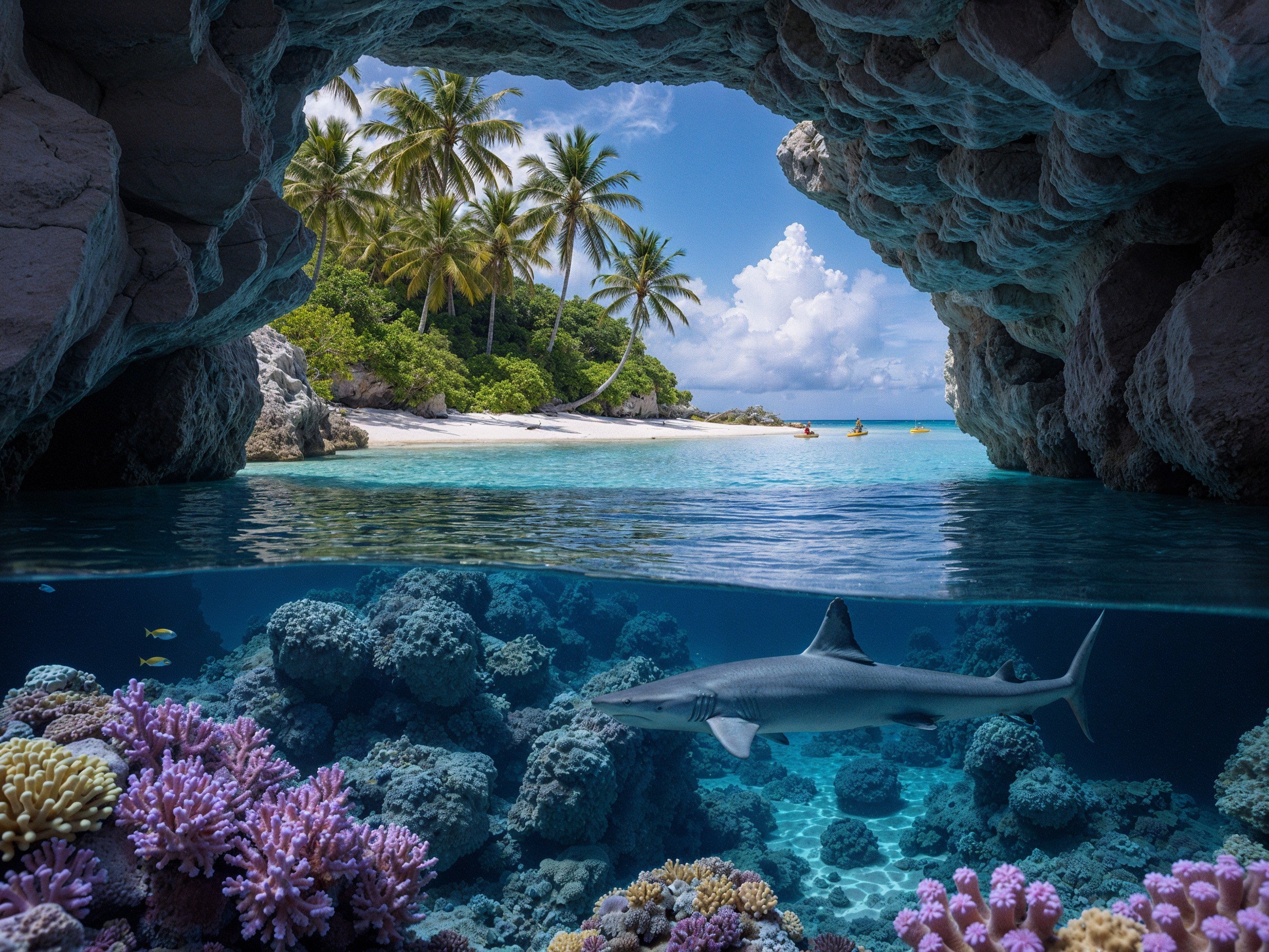 Turquoise Waters and Coral Reefs in a Rocky Cave
