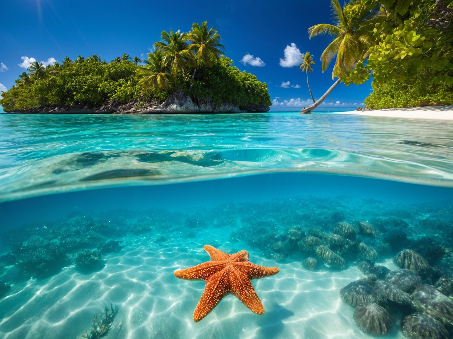 Tropical Lagoon with Starfish and Lush Islands