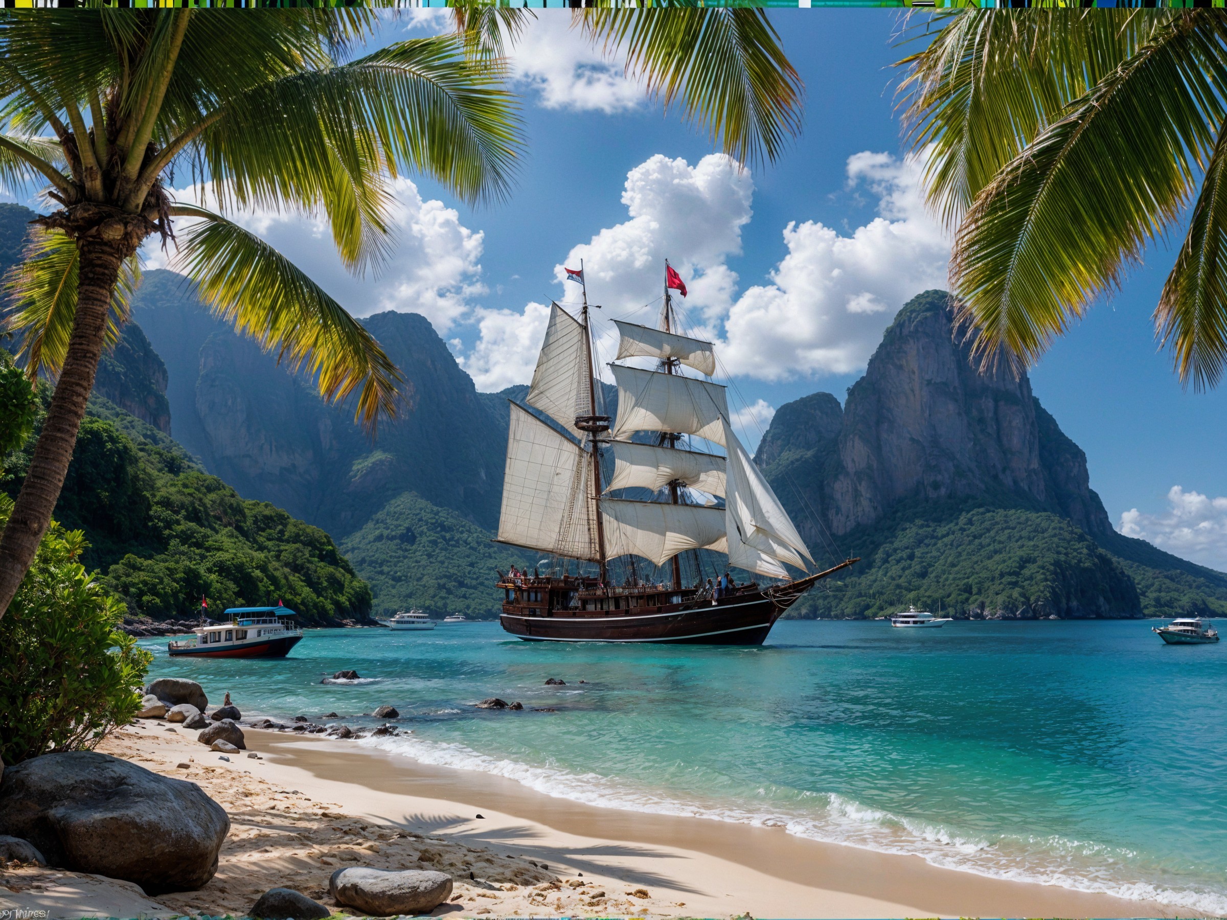 Tall Ship Sailing in Tropical Paradise Landscape