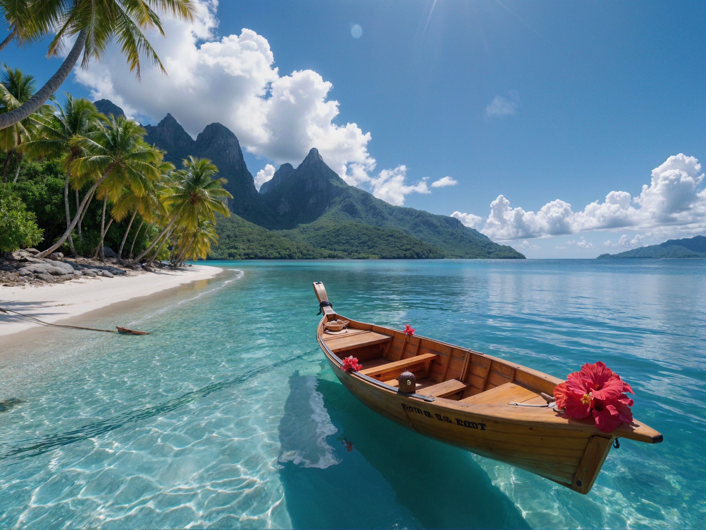 Tropical Landscape with Boat and Lush Palm Trees