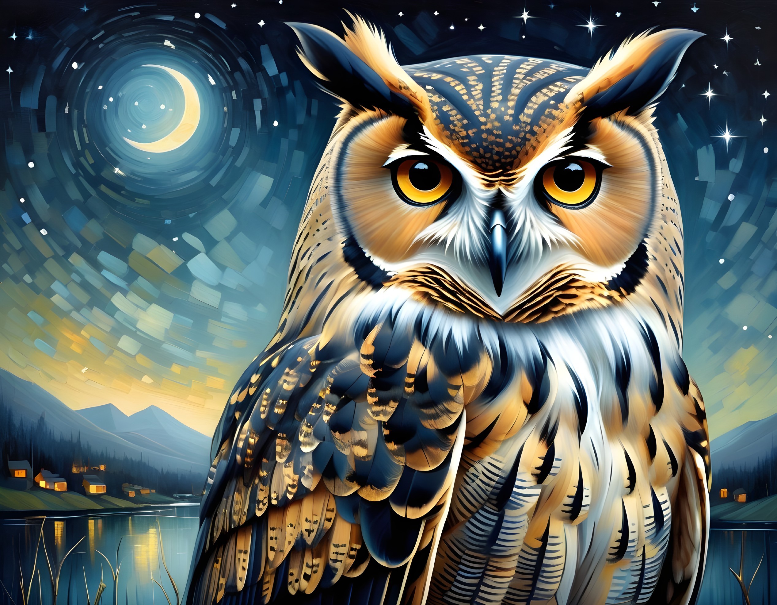 Majestic Owl by Serene Lake Under Starry Night Sky