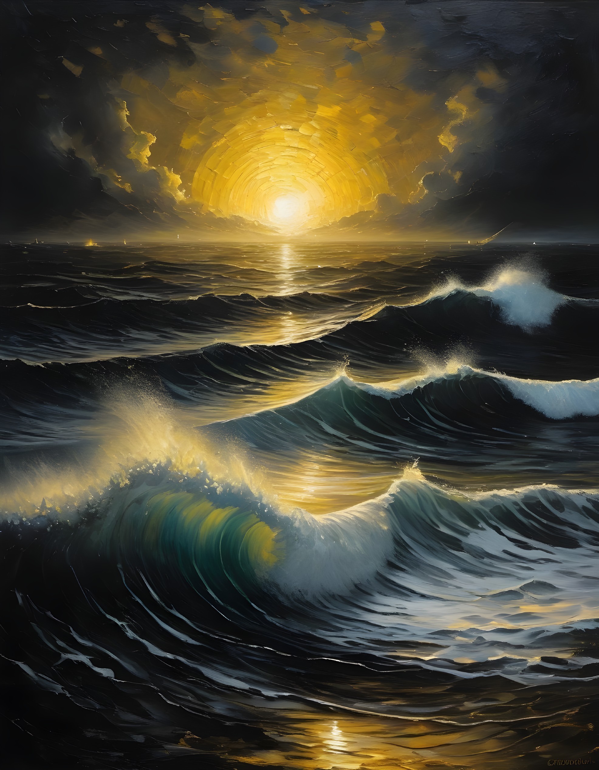 Dramatic Seascape with Sunset and Tumultuous Waves