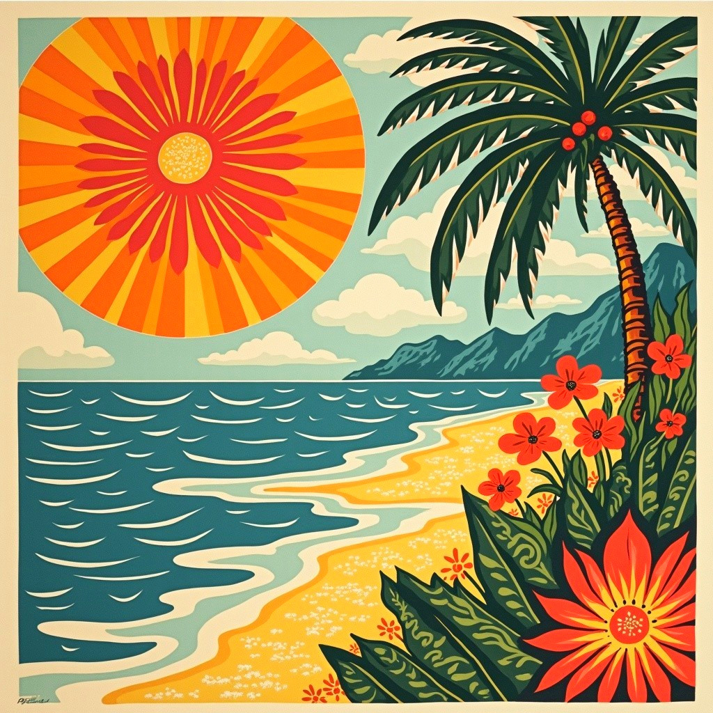 Vibrant Beach Scene with Sun, Ocean, and Palm Fronds