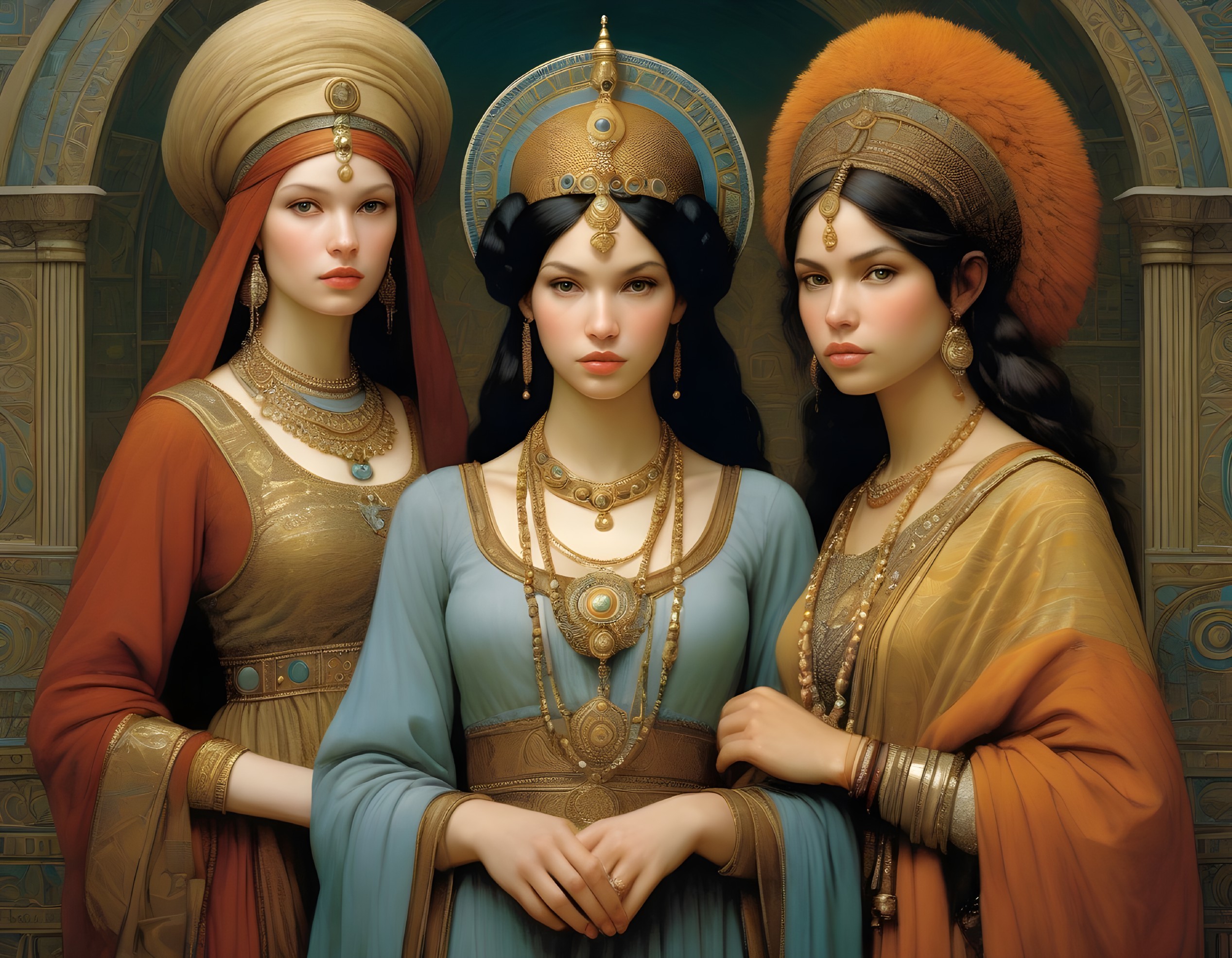 Elegantly Dressed Women in Traditional Attire and Jewelry