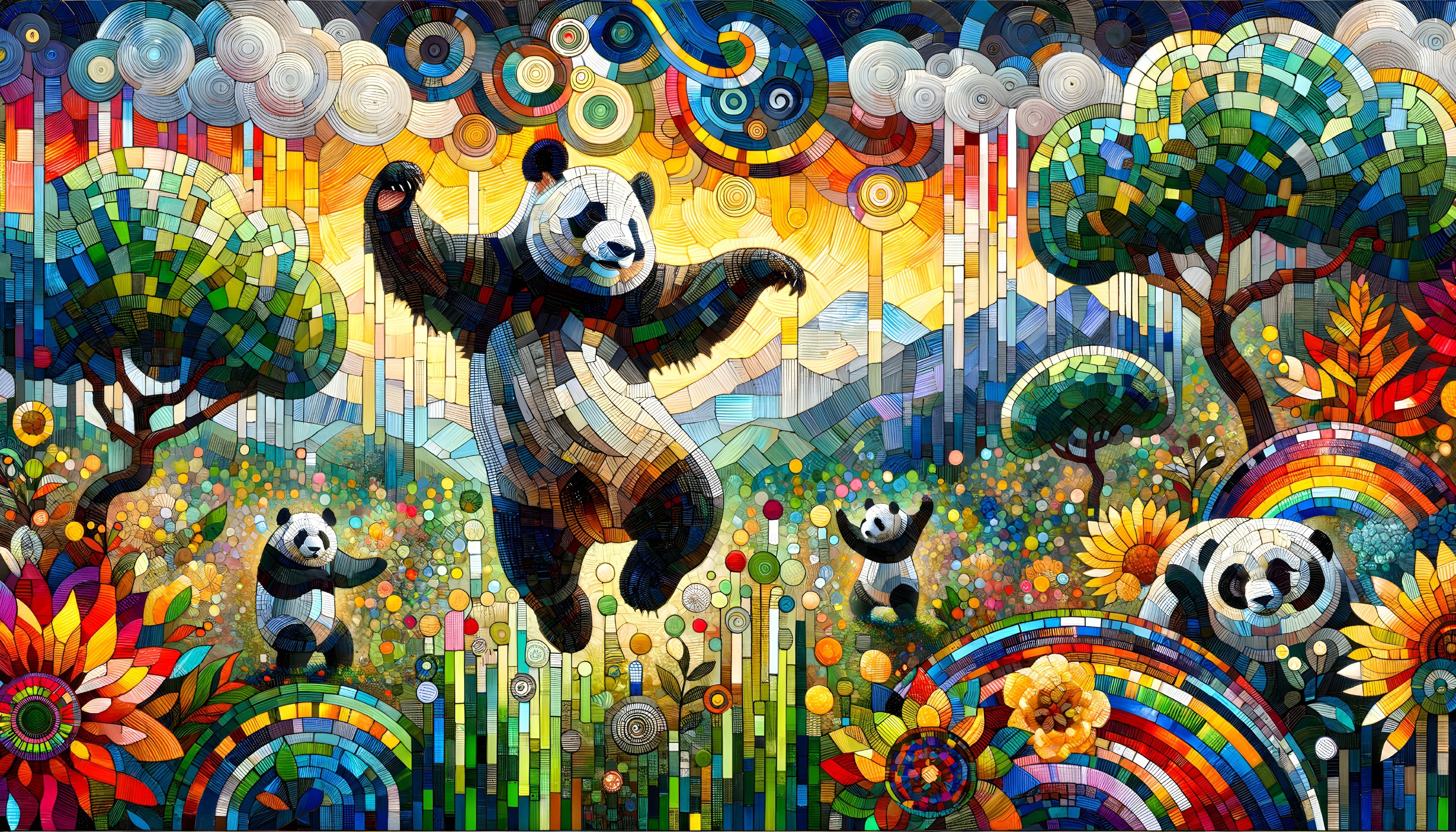 Colorful Mosaic of Playful Pandas in Nature