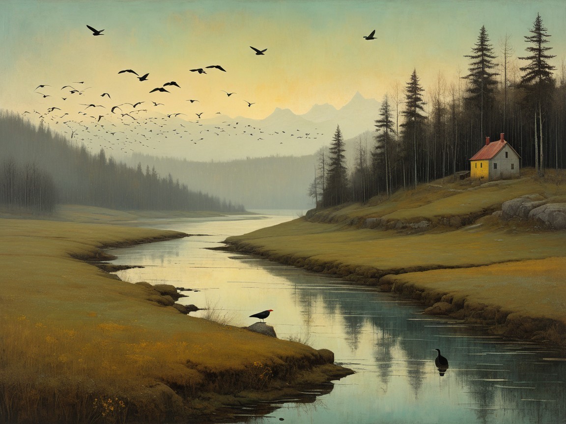 Serene Landscape with River, Trees, and Distant Mountains