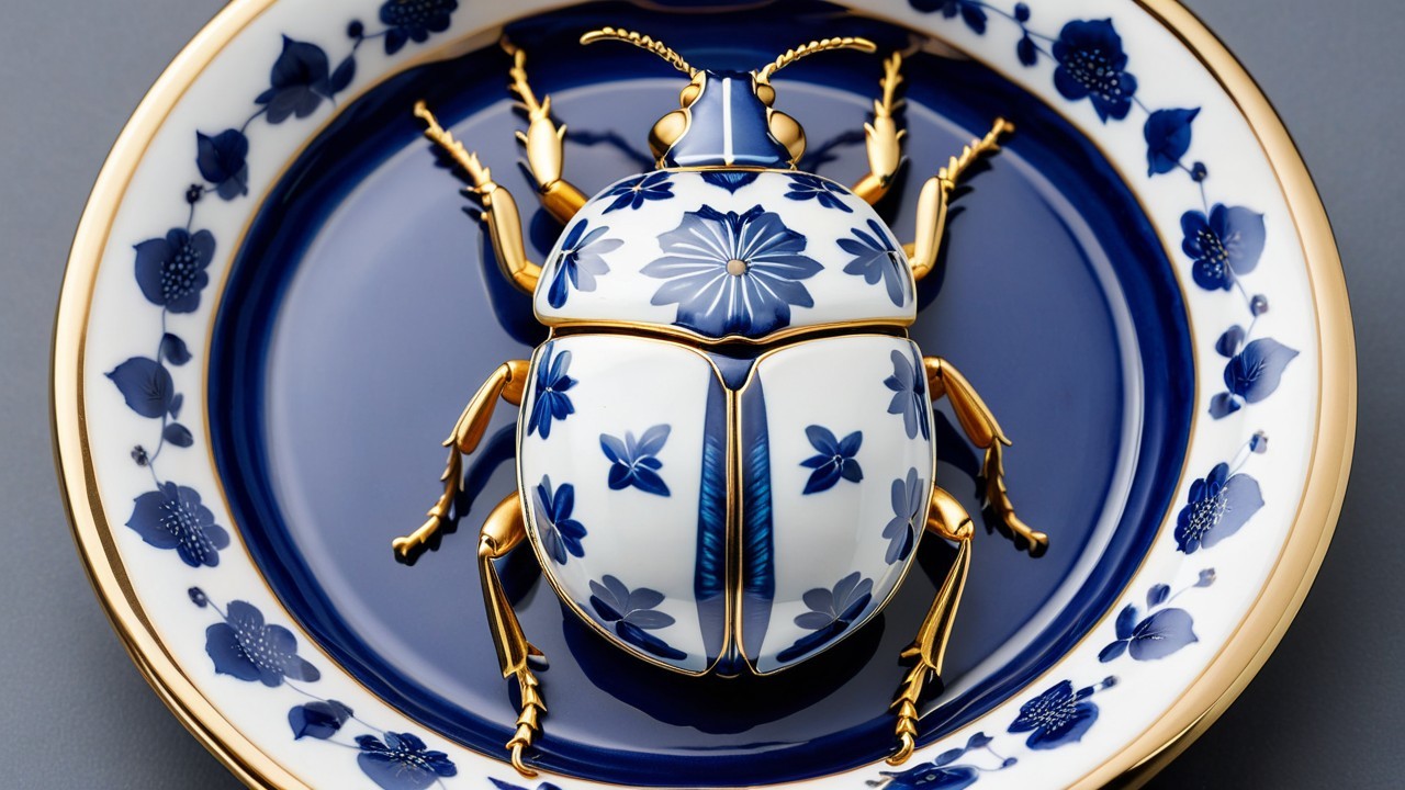 Ornate porcelain beetle with blue floral patterns