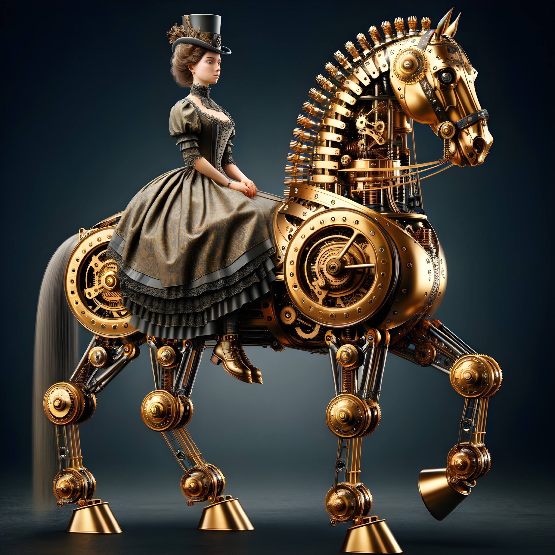 Steampunk Scene with Woman on Robotic Horse