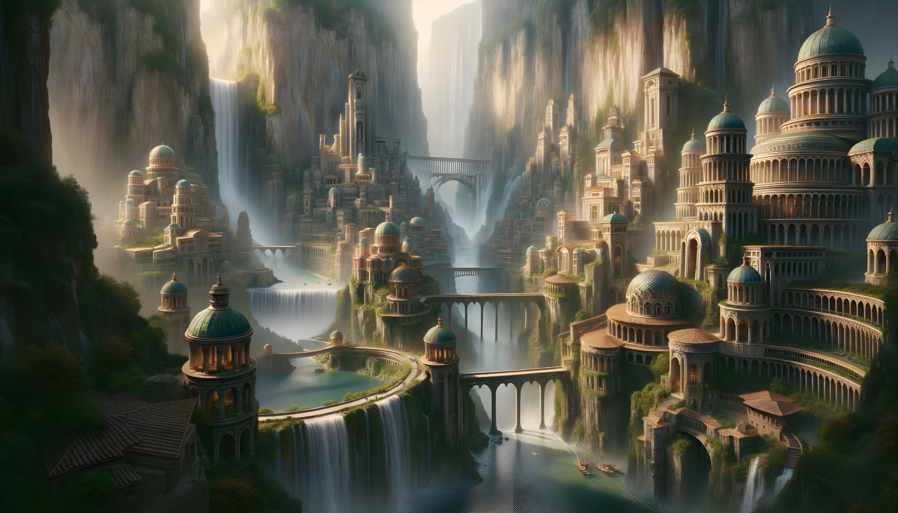 Ancient City Surrounded by Cliffs and Waterfalls