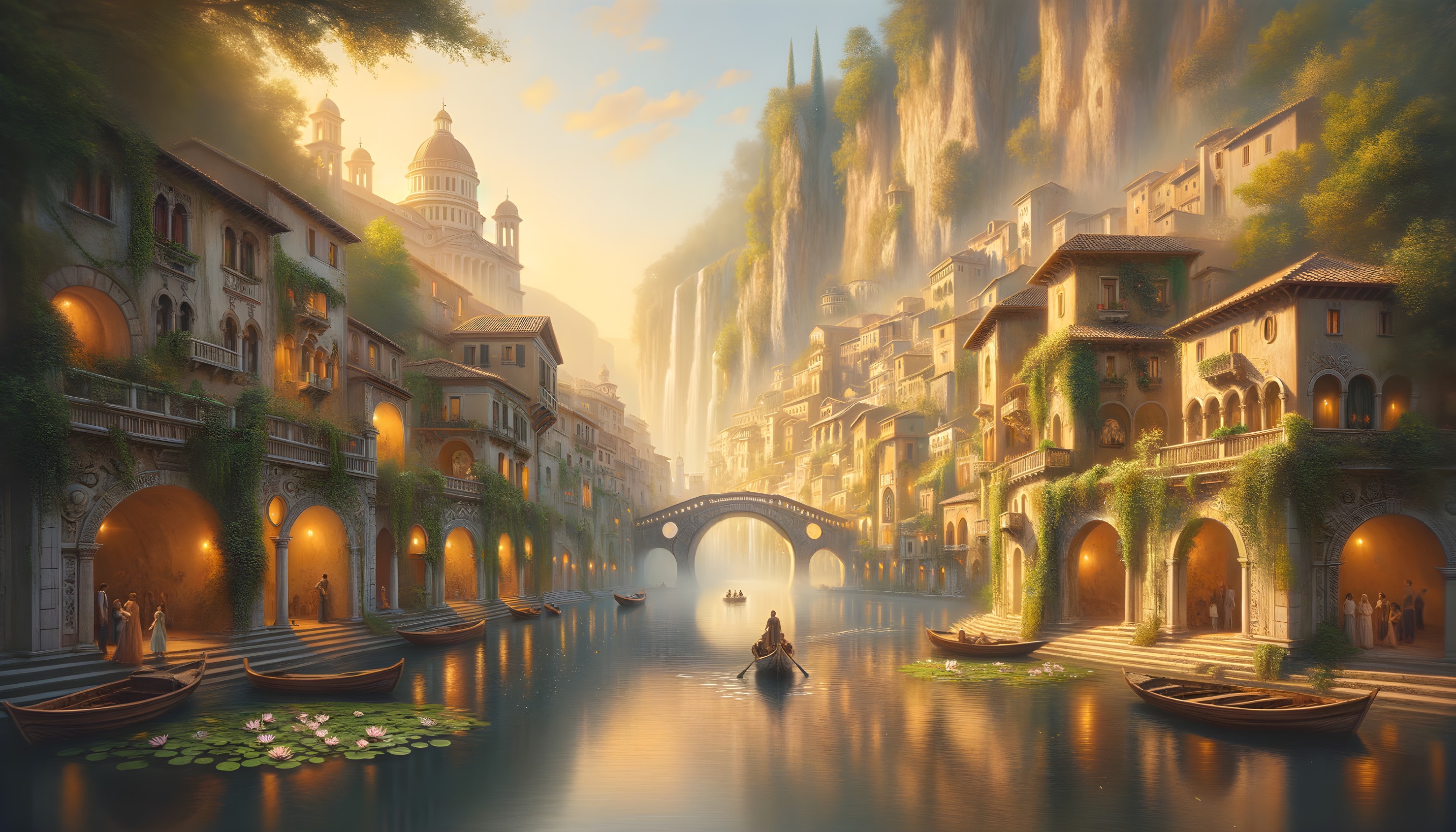 Serene Riverside Scene with Architecture and Waterfalls