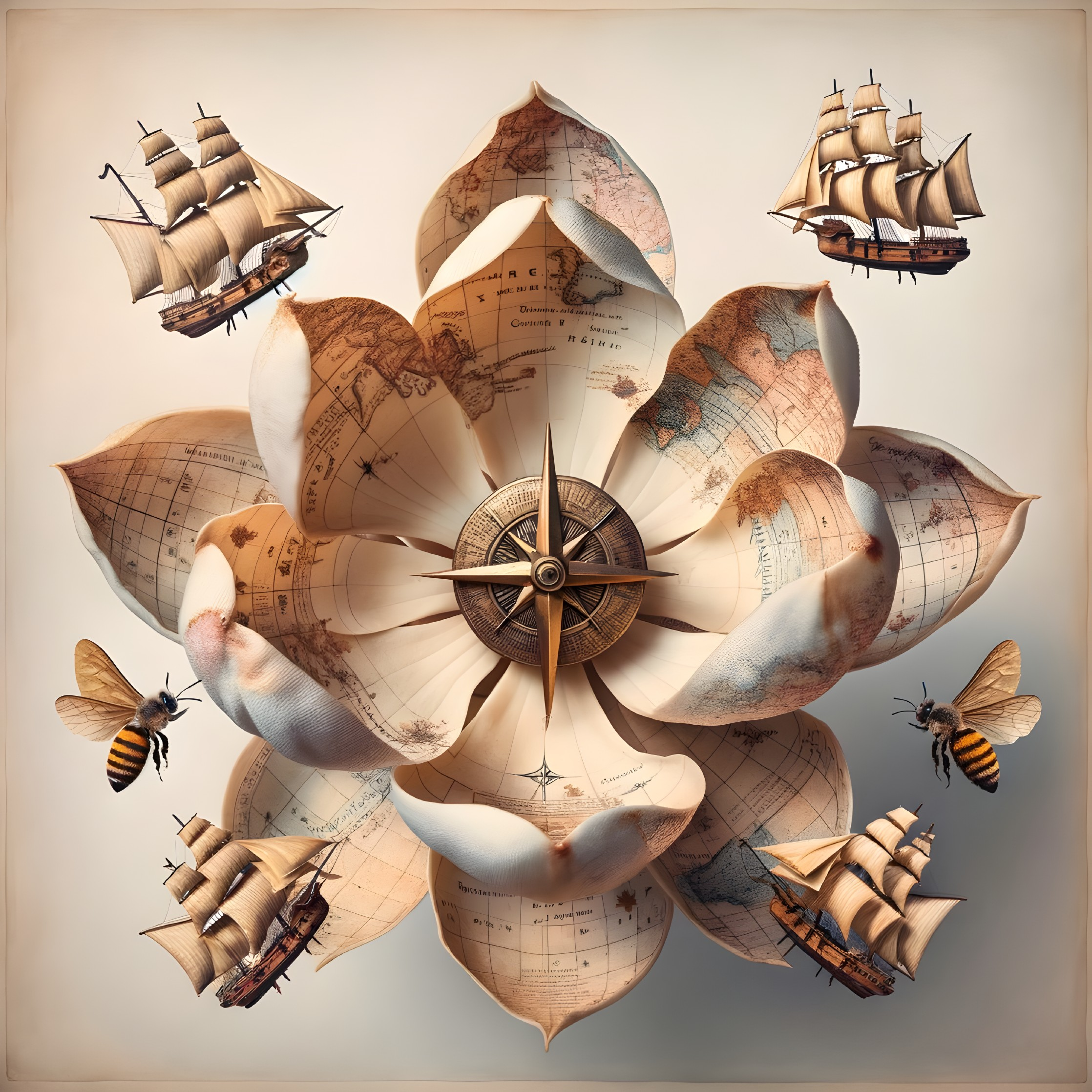 Flower Made from Vintage Maps with Compass and Ships