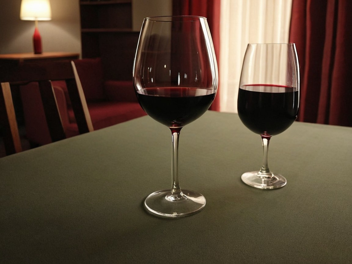 Red wine glasses on a green tablecloth in cozy room