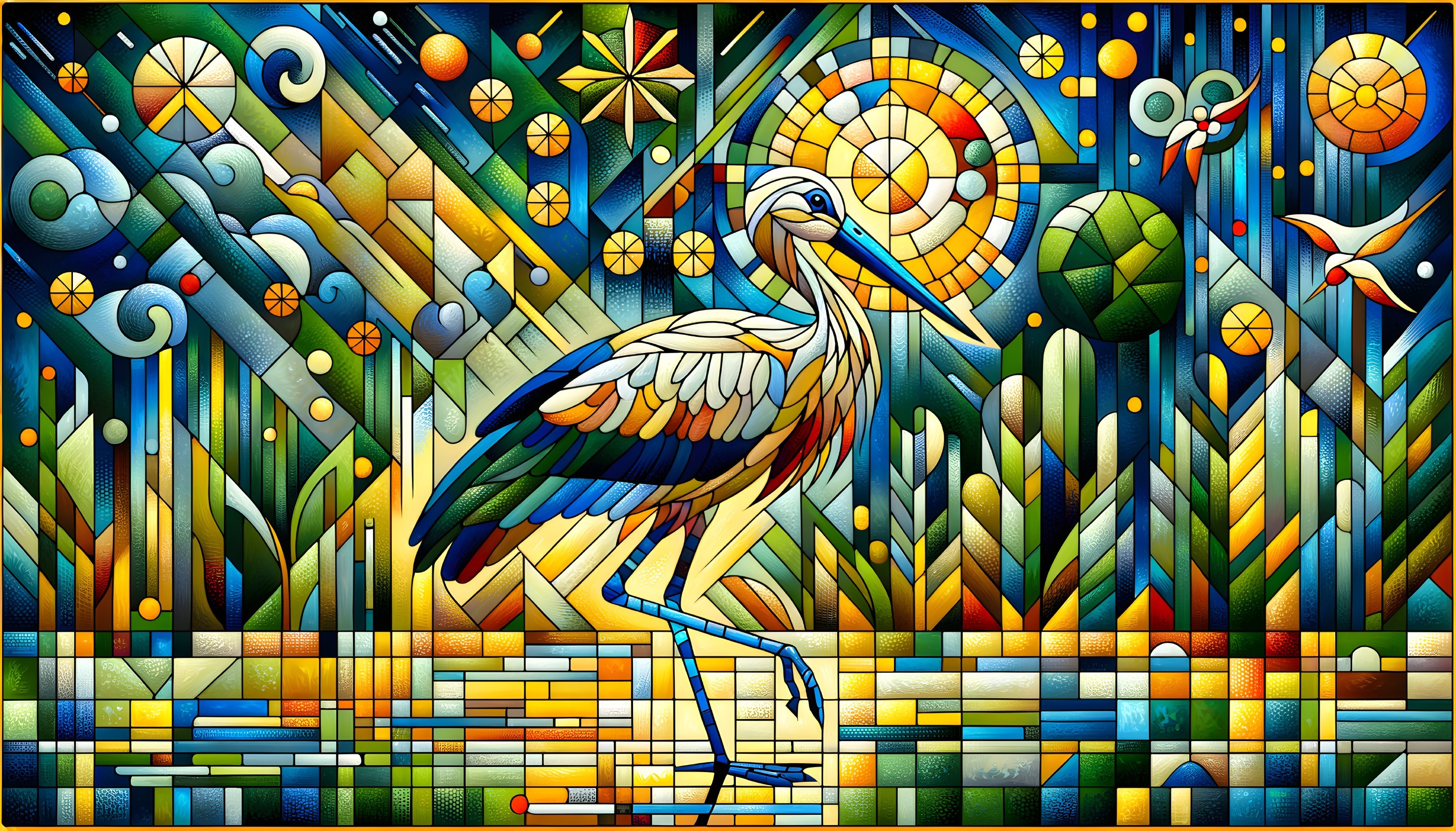 Vibrant Stained Glass Artwork of Heron by Waterway