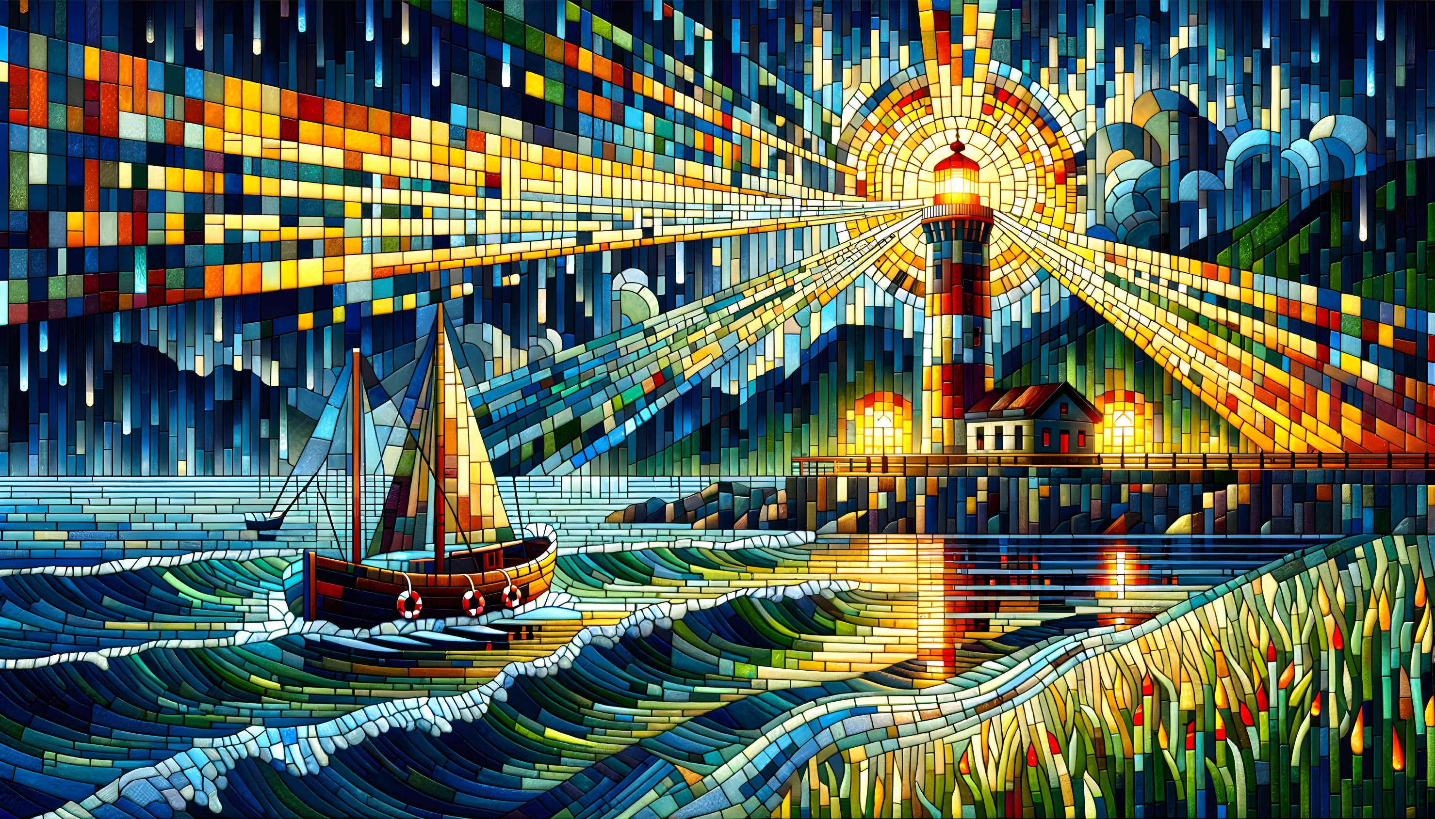 Vibrant Stained Glass Lighthouse Over Serene Sea Scene