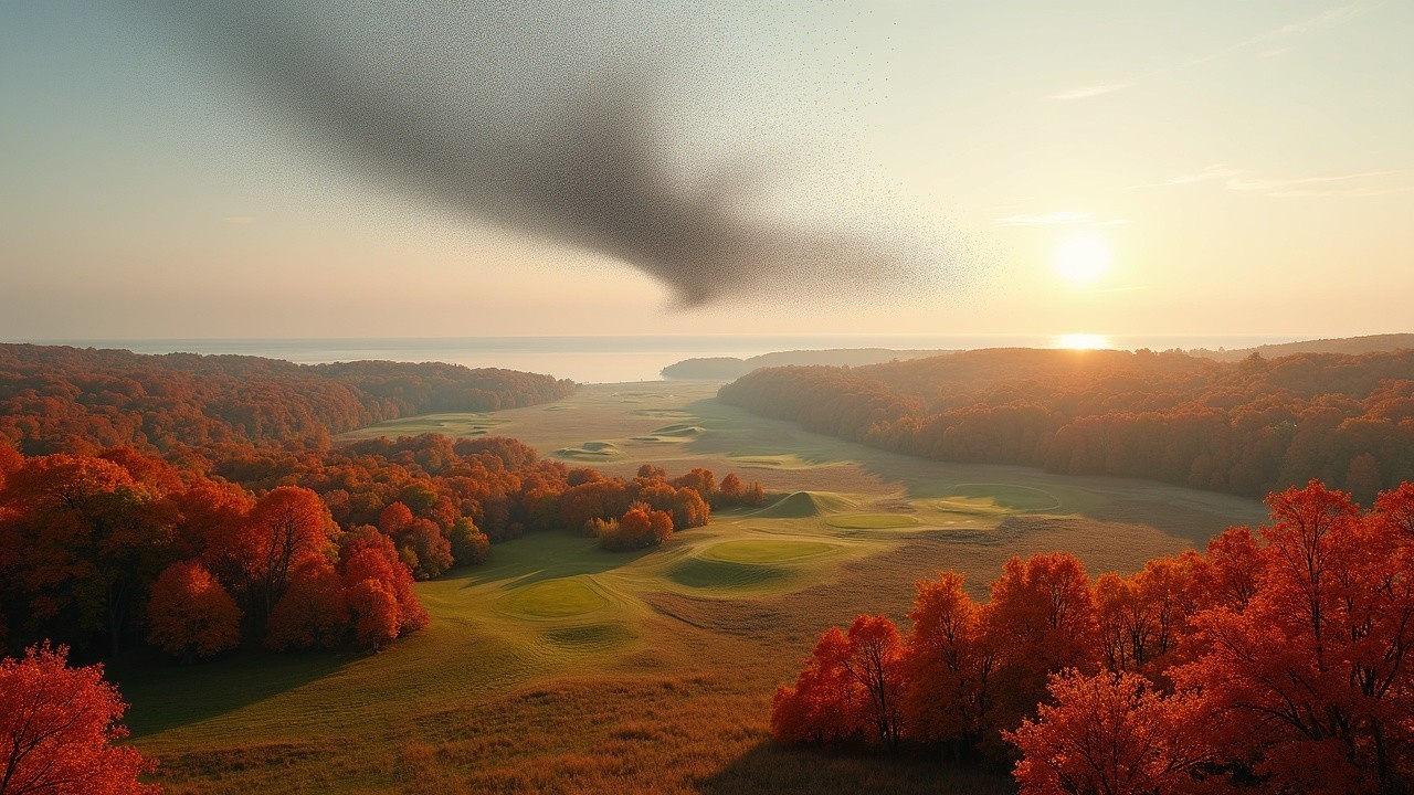 Sunset over a golf course in autumn valley landscape