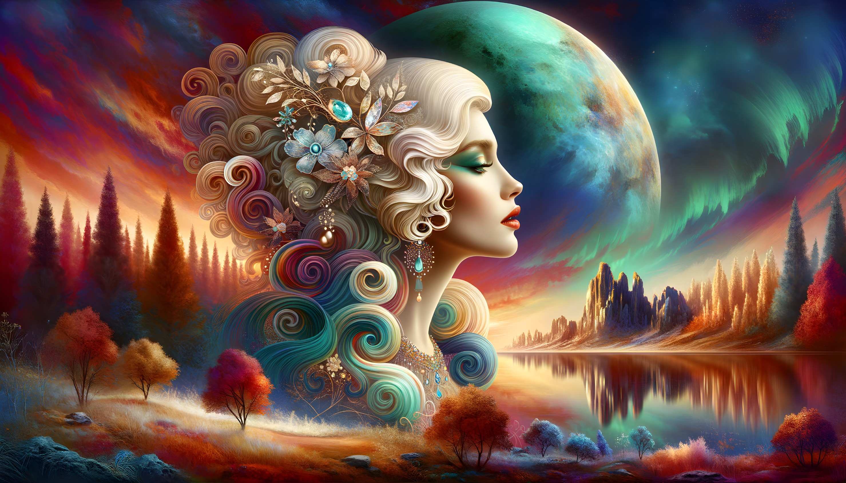 Surreal Scene with Woman and Fantastical Landscape