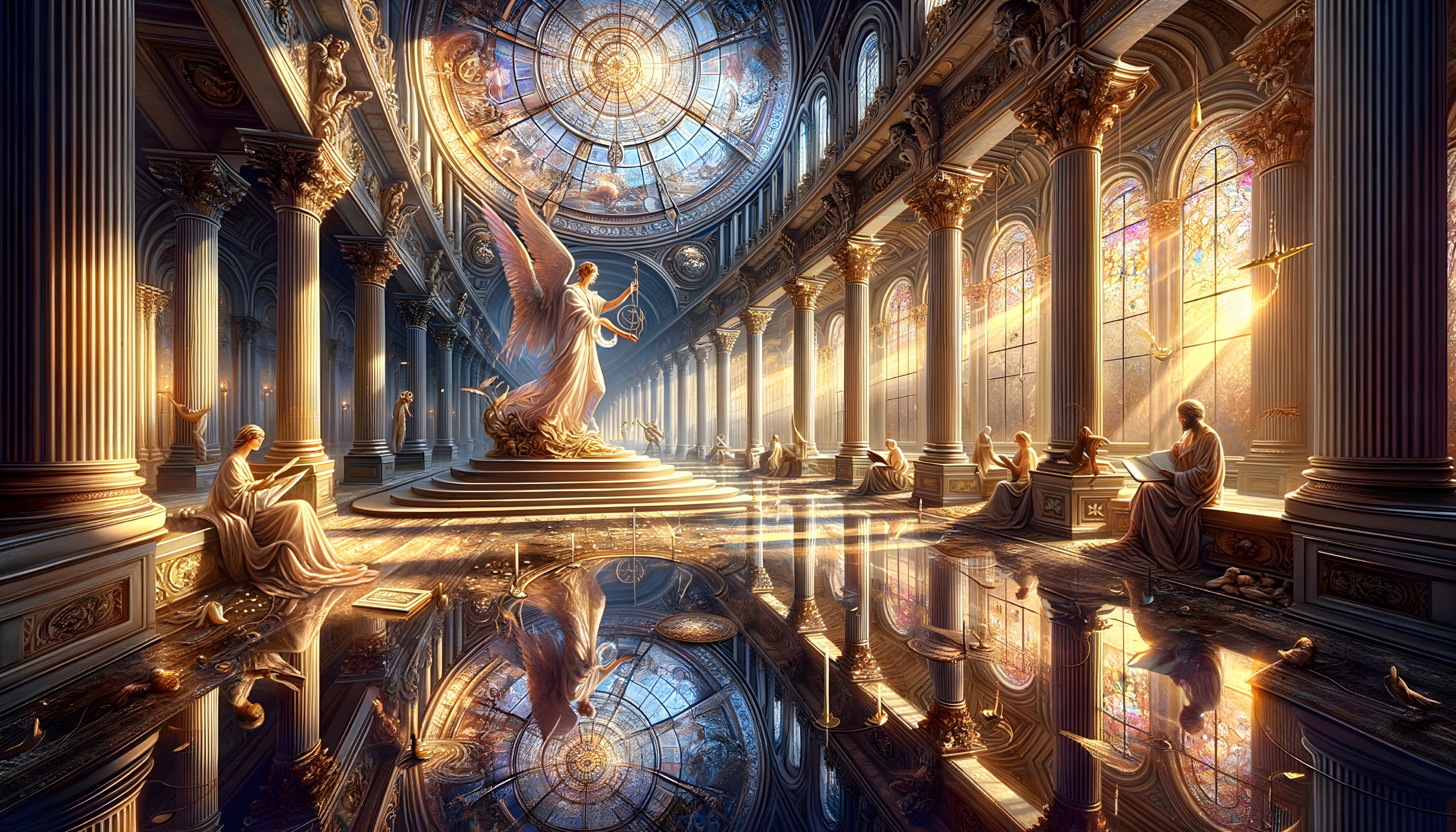 Ethereal Hall with Stained-Glass Ceiling and Angel Figure