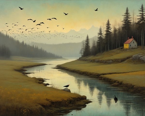 Serene Landscape with River, Trees, and Distant Mountains
