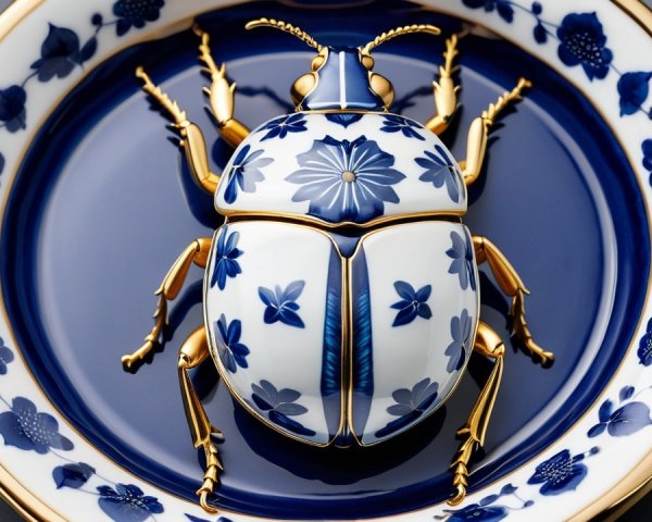 Ornate porcelain beetle with blue floral patterns