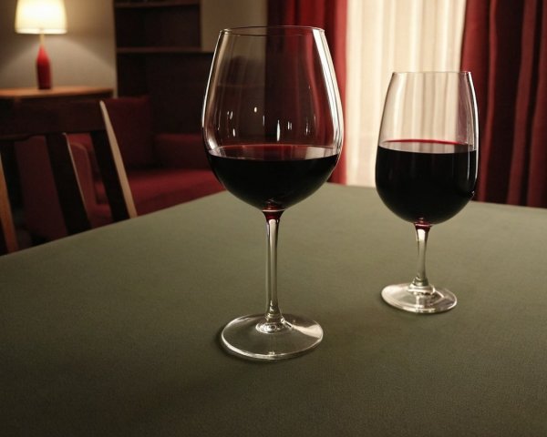 Red wine glasses on a green tablecloth in cozy room