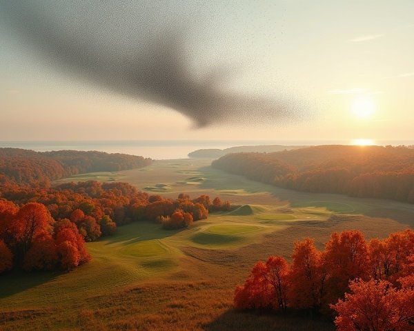 Sunset over a golf course in autumn valley landscape