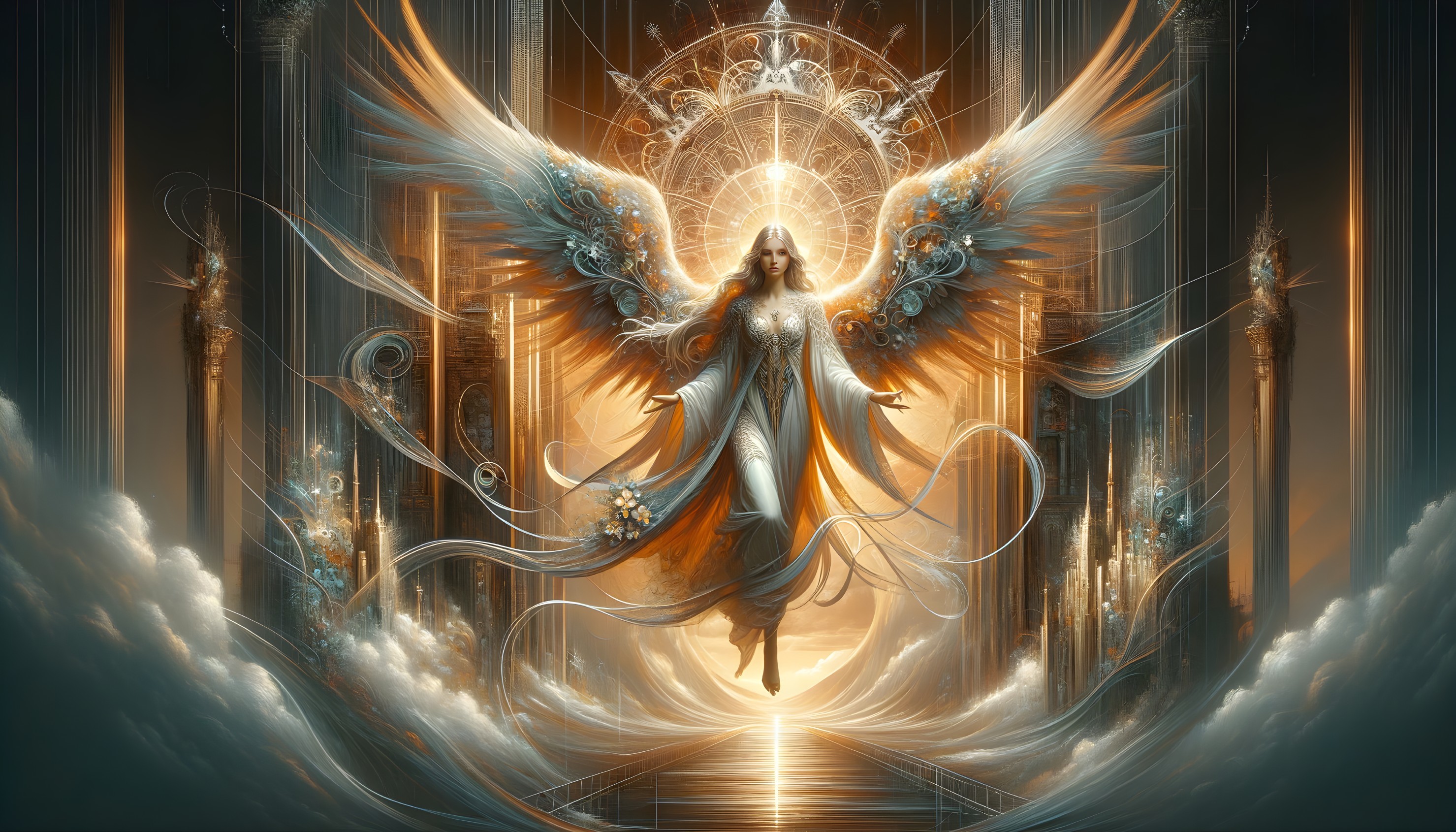 Celestial Figure with Wings Over Serene Landscape