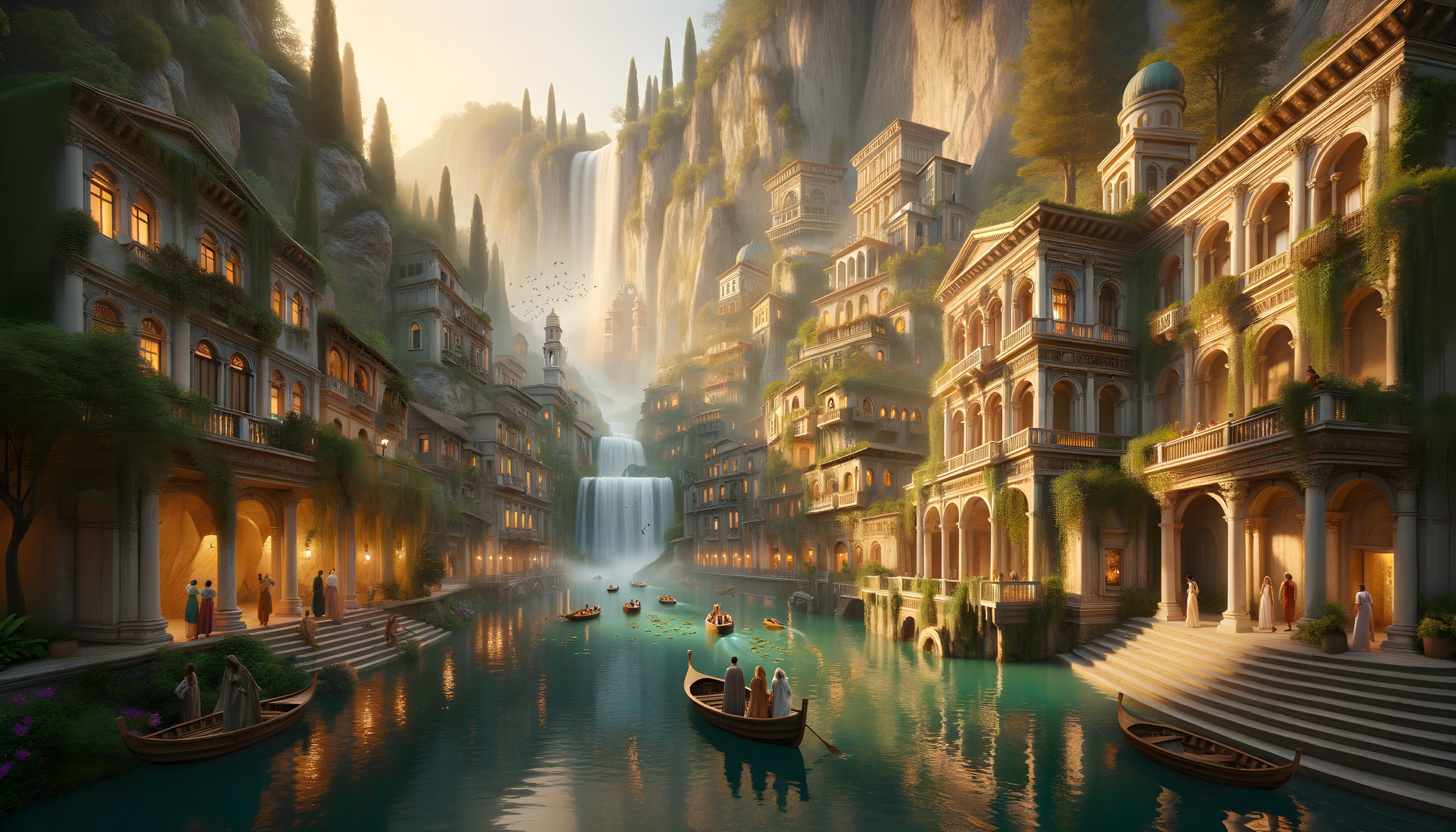 Idyllic city with waterfalls and turquoise river