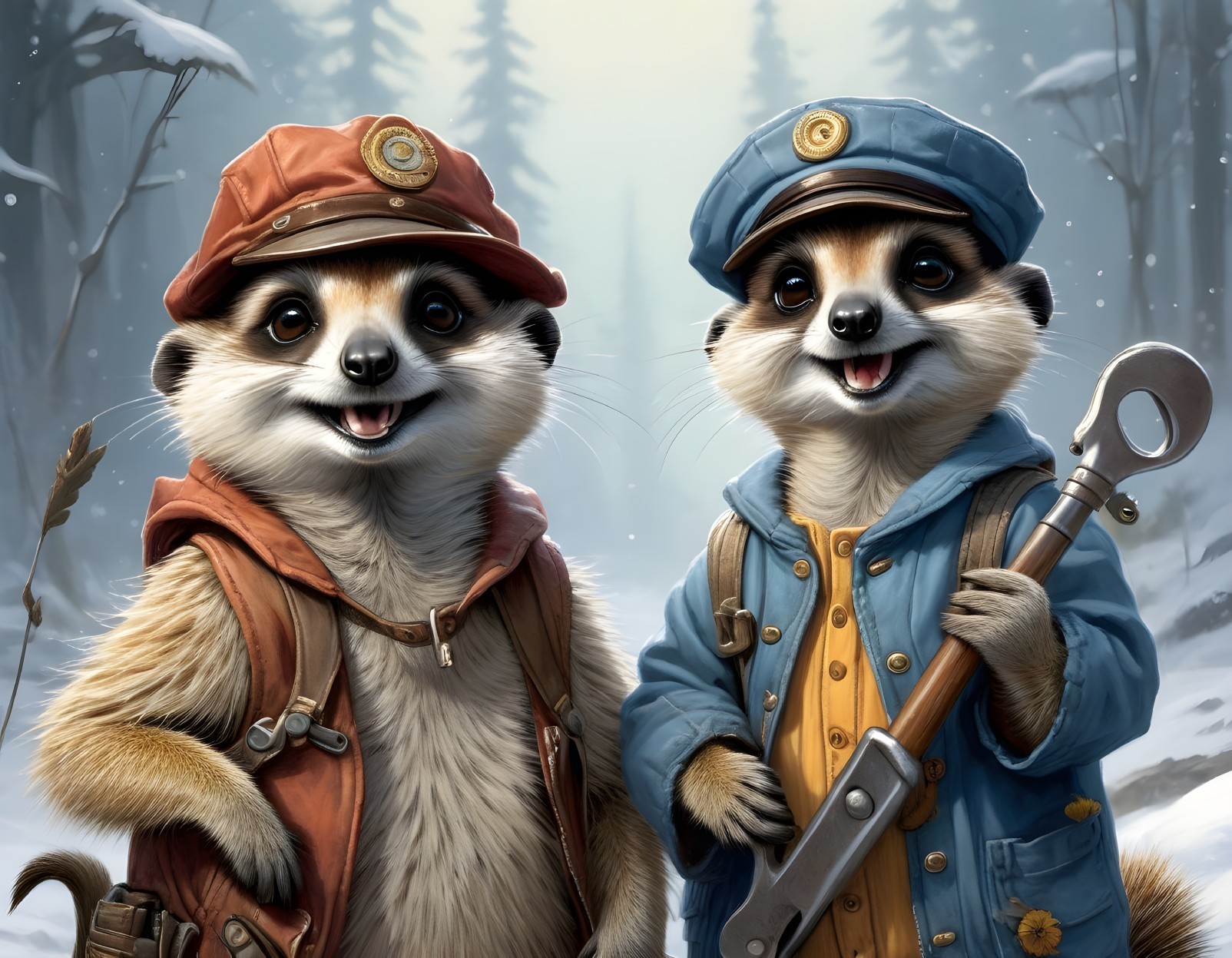 Cheerful meerkats in snowy forest with playful attire