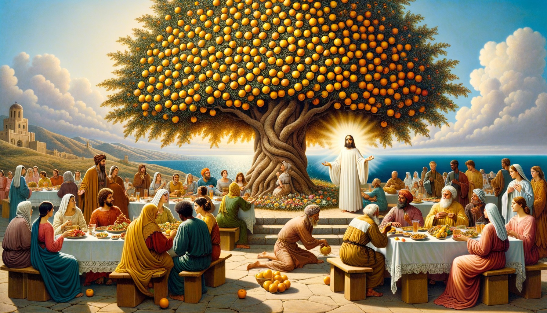 Jesus Amidst a Bountiful Feast Under an Orange Tree