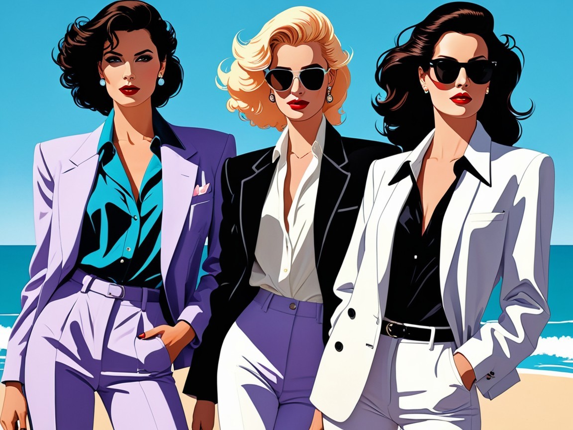 Chic Women in Stylish Suits on a Beach Setting