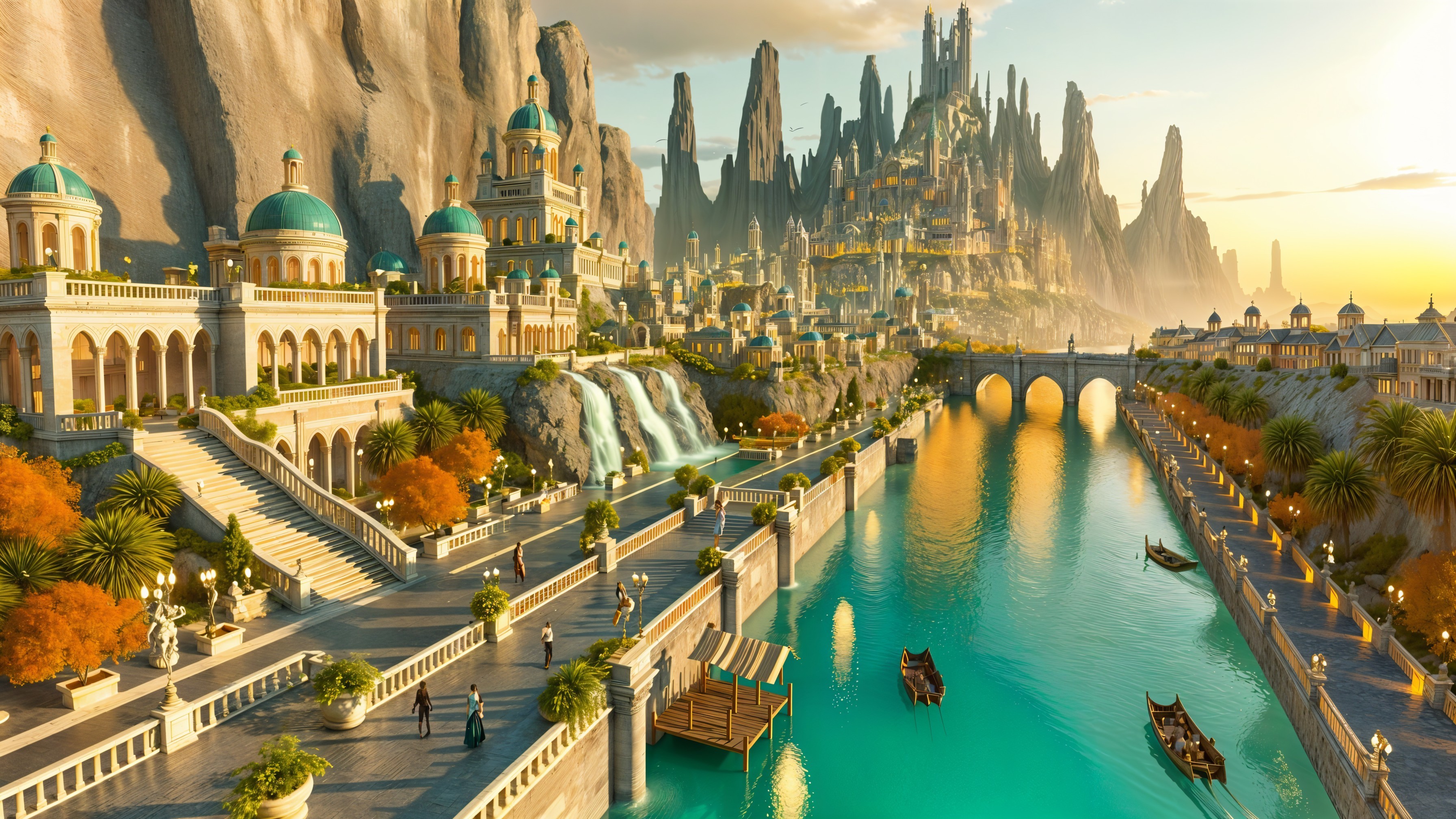 Majestic Cityscape with Turquoise Domes and Waterfalls