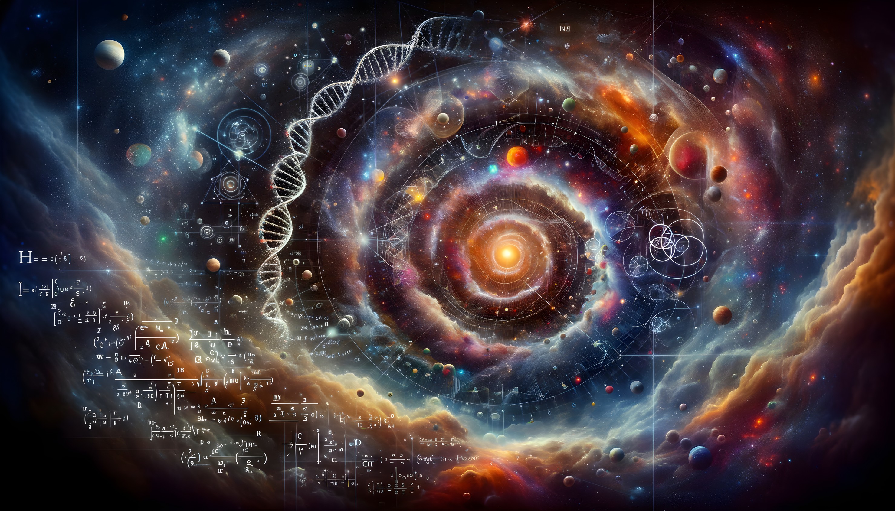 Swirling Galaxy Surrounded by Celestial Bodies and Equations