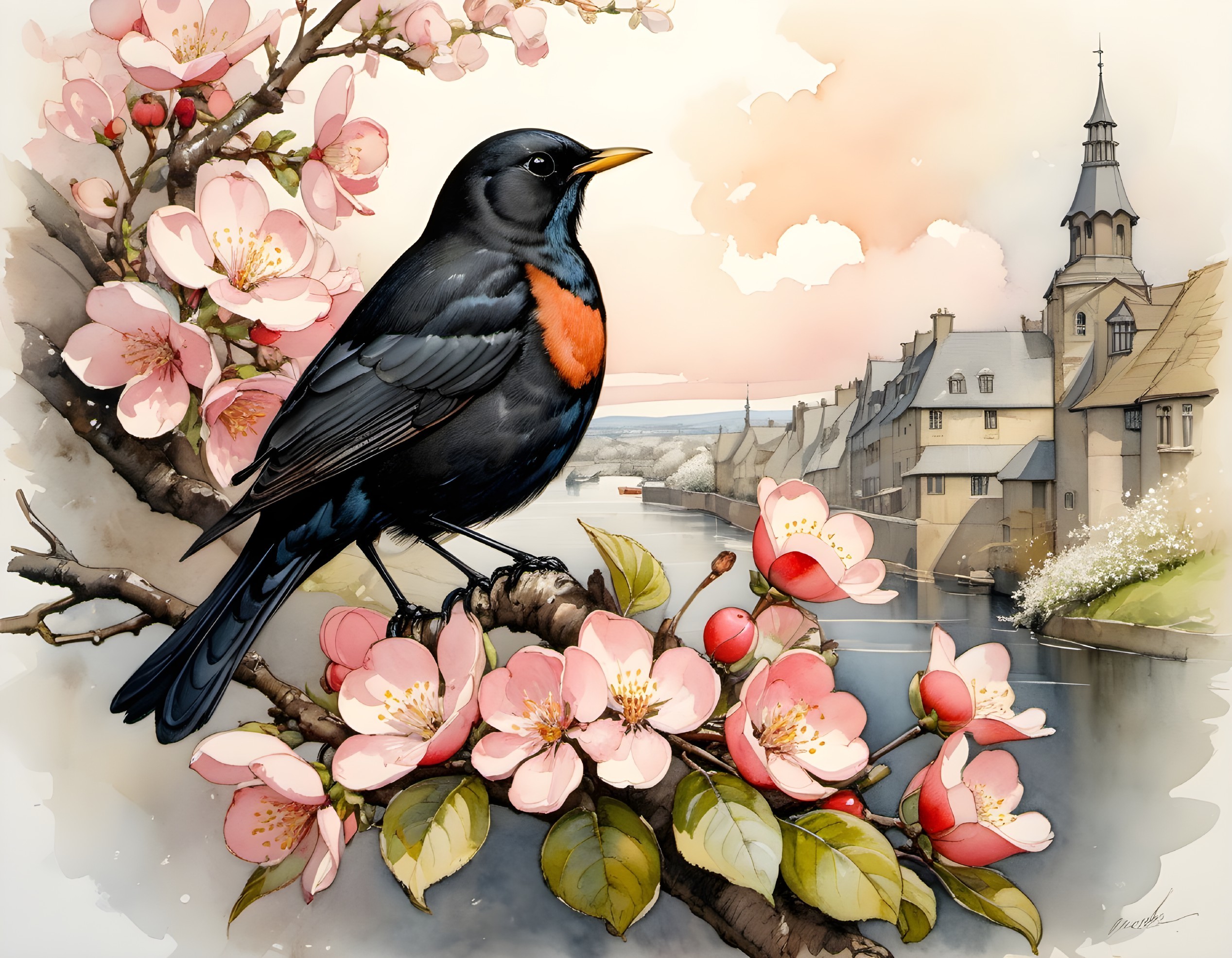 Blackbird on Flowering Branch by Calm River and Buildings