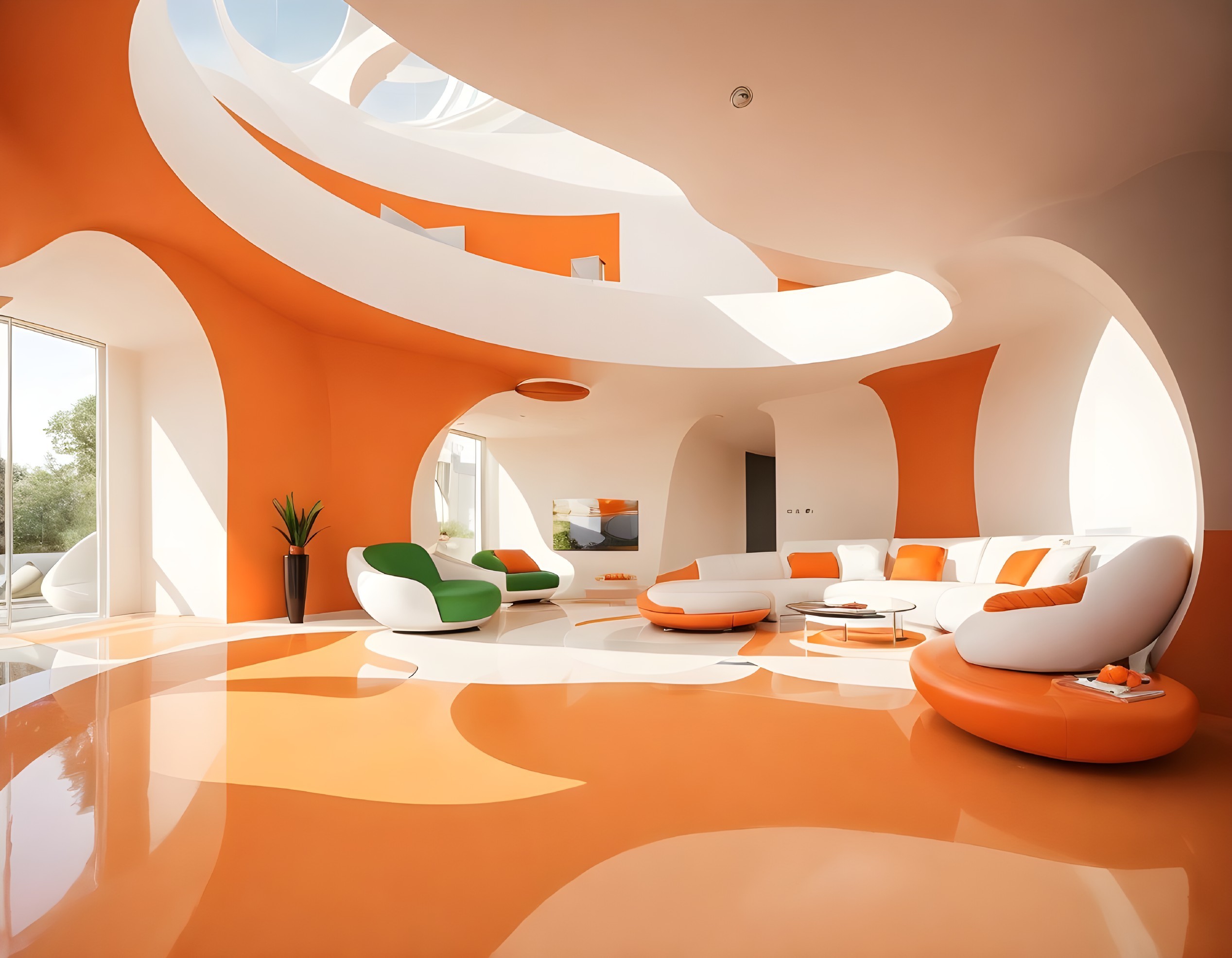 Modern Open Layout with Vibrant Orange and White Decor