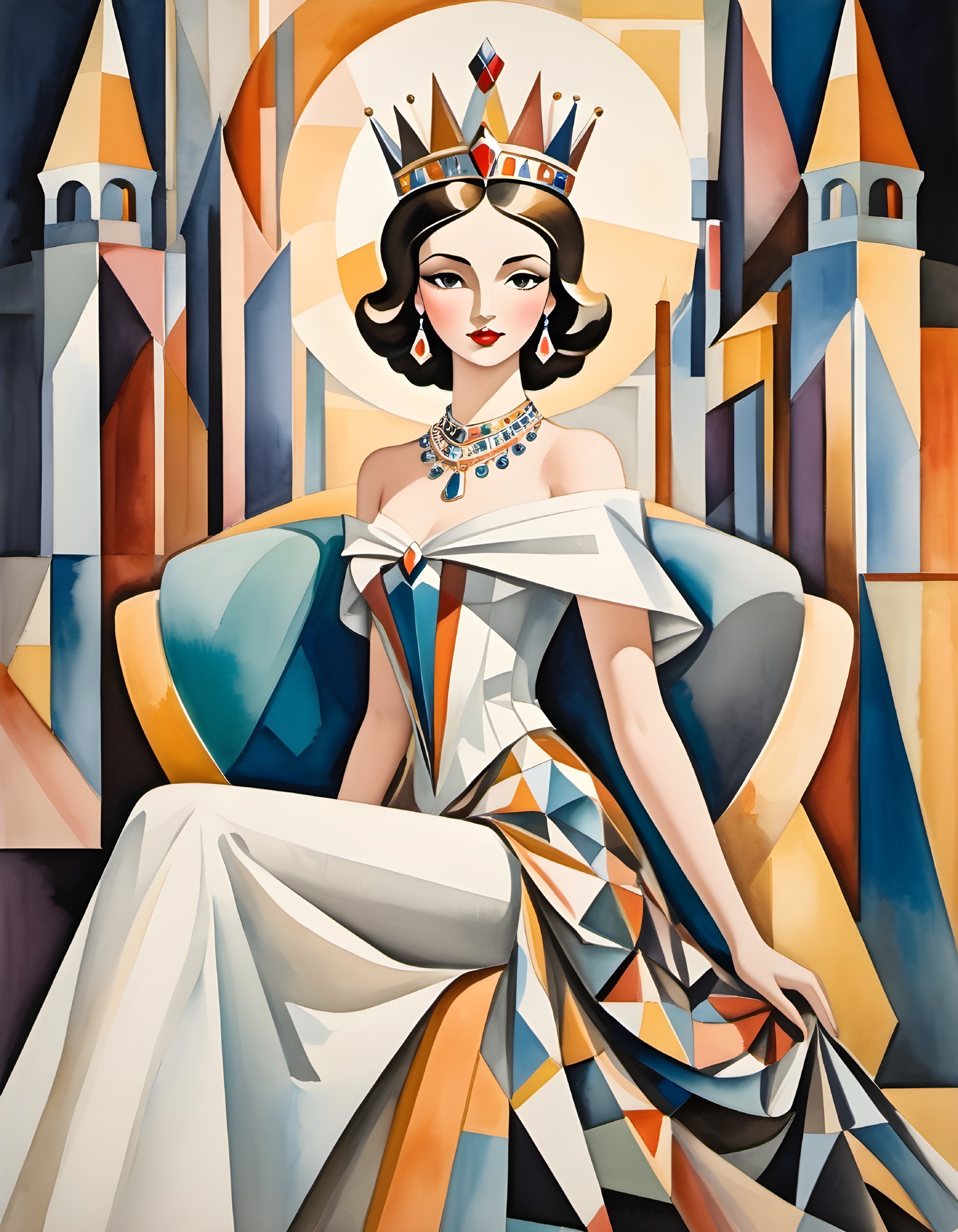 Regal Woman in Off-Shoulder Gown Against Geometric Background