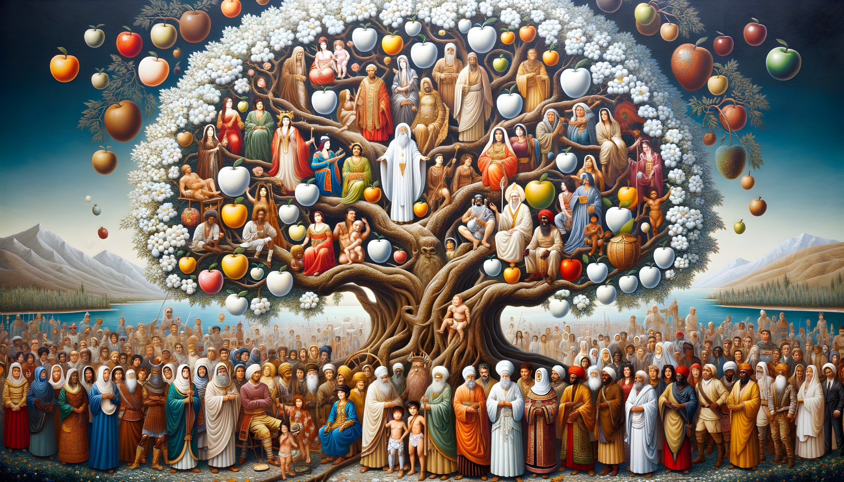 Vibrant Tree with Diverse Community and Scenic Background