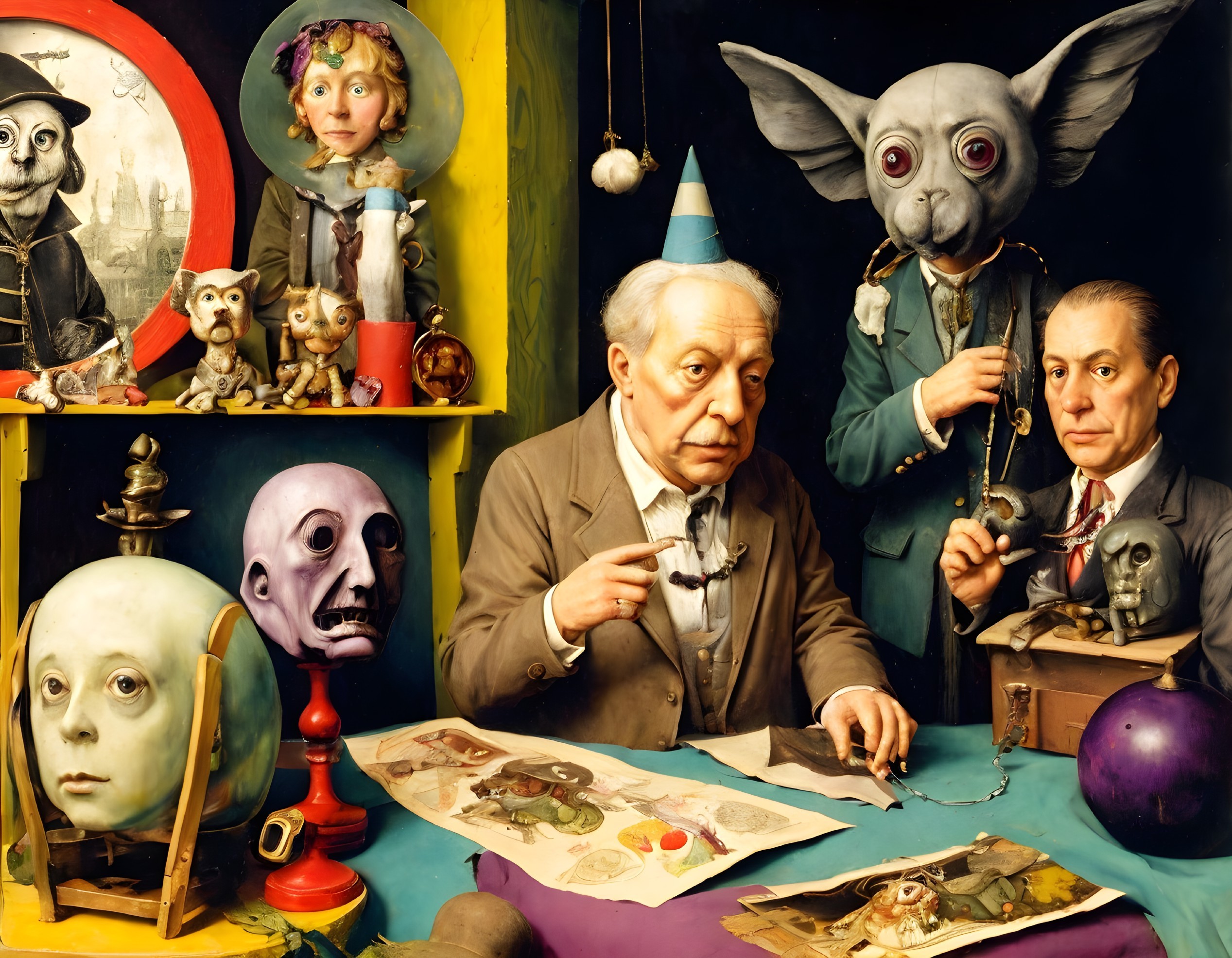 Whimsical Characters in a Colorful Surreal Scene