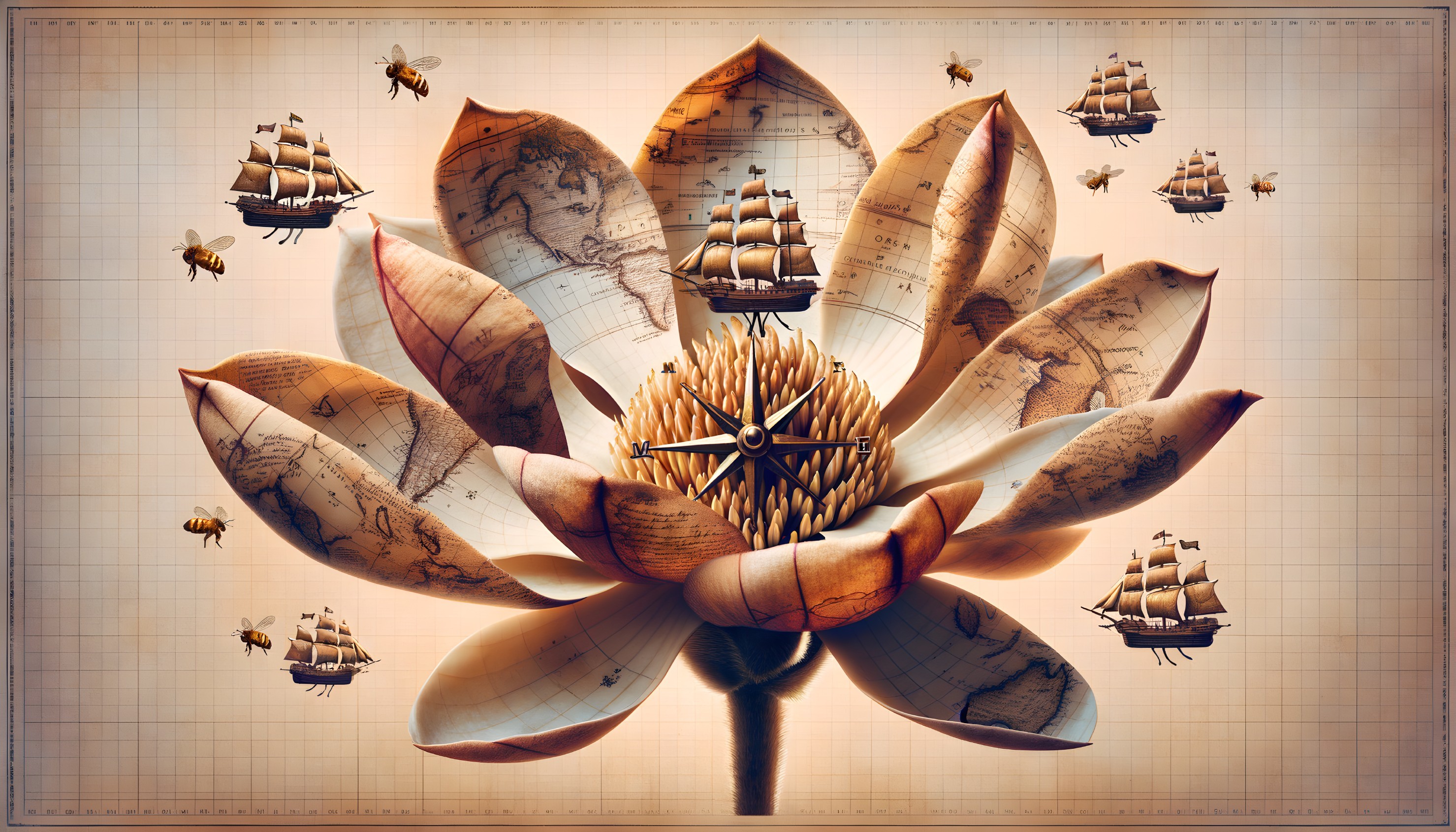 Surreal Lotus Flower with Vintage Maps and Compass