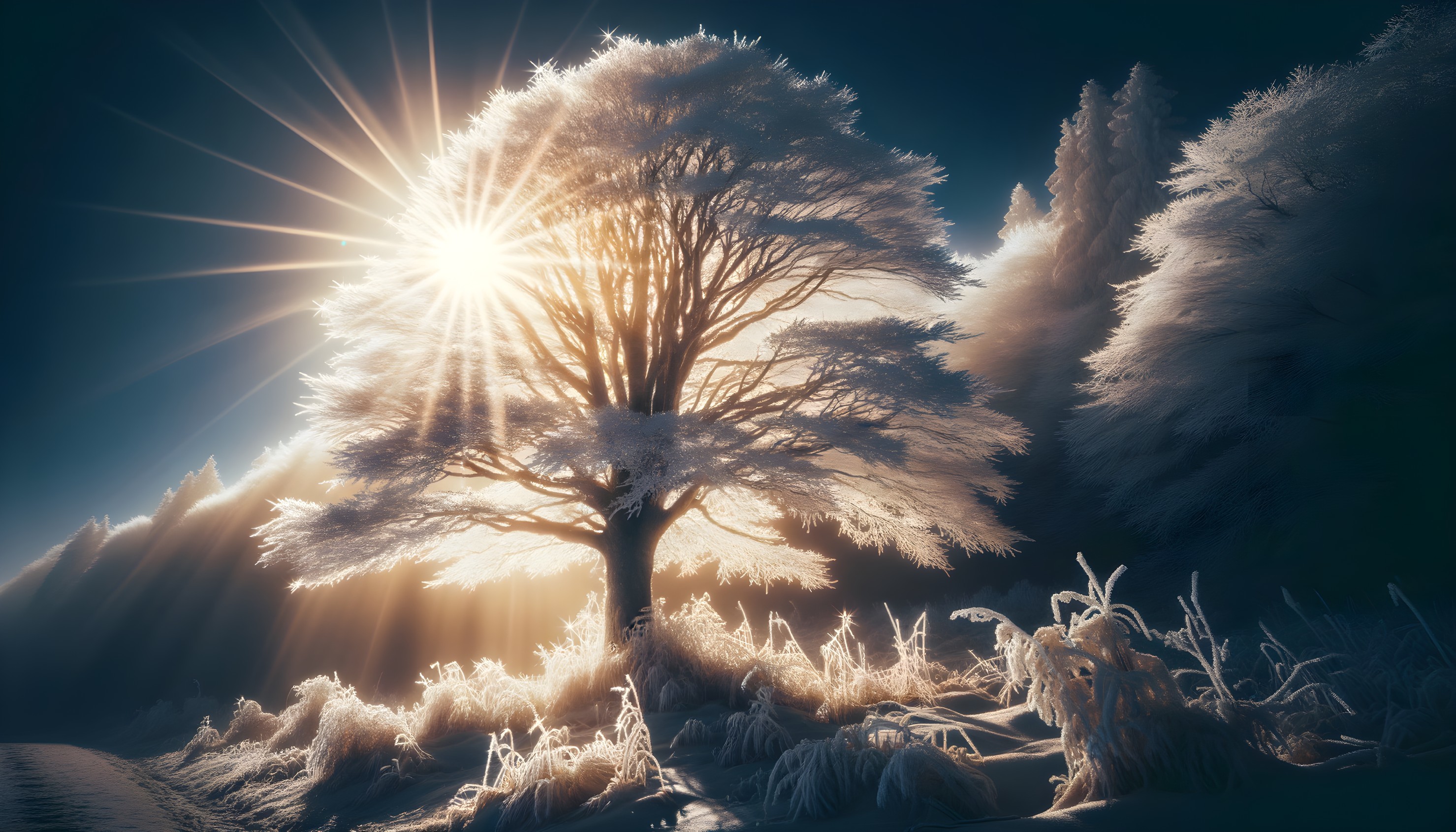 Majestic Frosted Tree in Radiant Winter Landscape