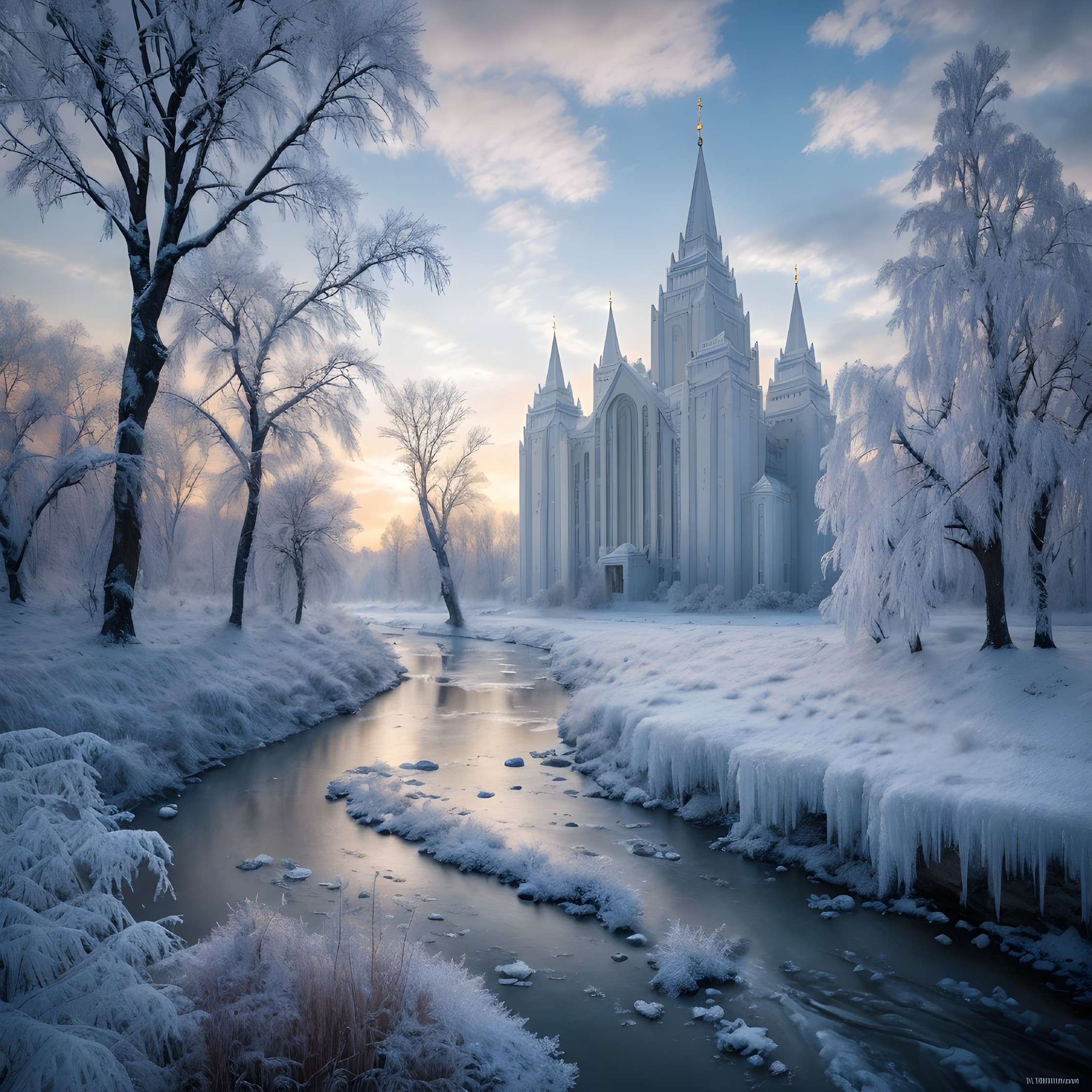 Snow-Covered Castle in a Serene Winter Landscape